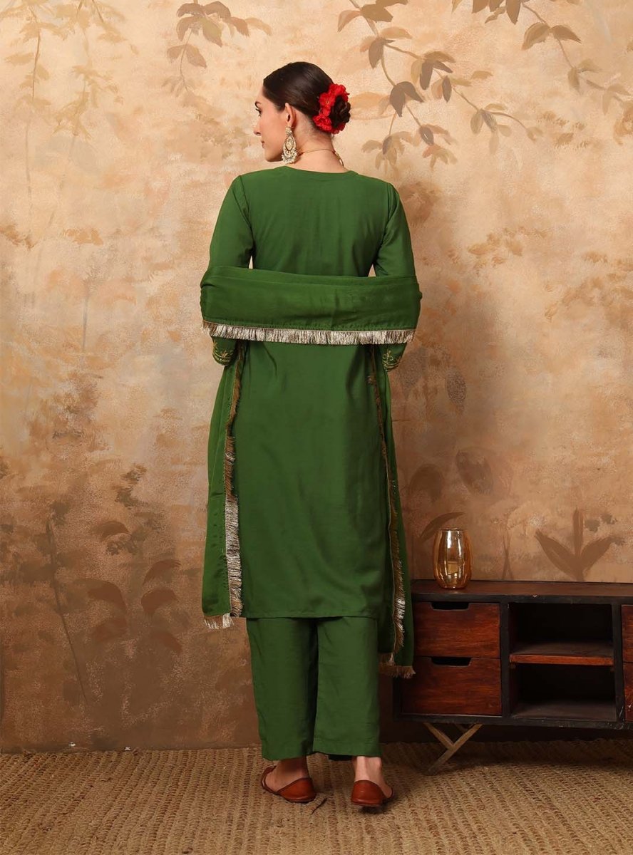 Olive Green Ari Work Hand Embroidery Silk Blend Kurta Set - Mahukaa