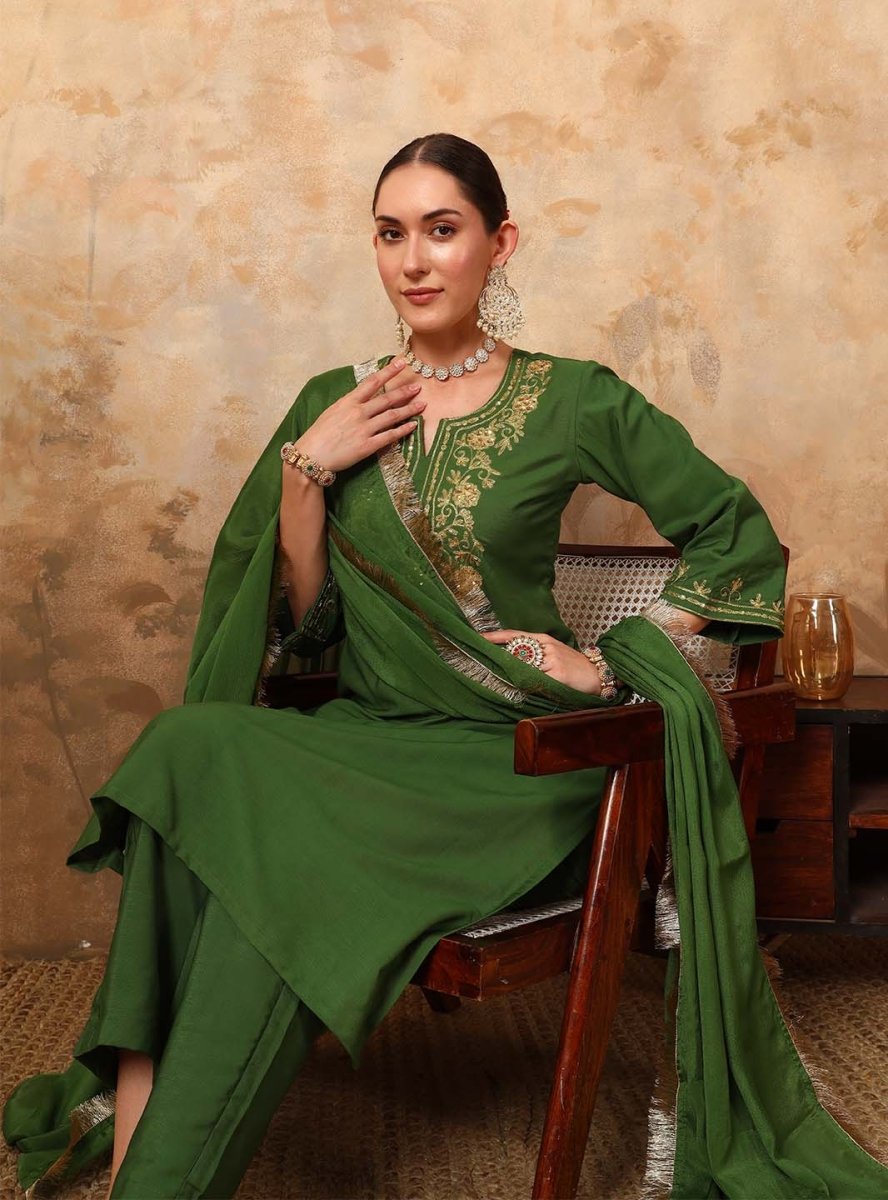 Olive Green Ari Work Hand Embroidery Silk Blend Kurta Set - Mahukaa