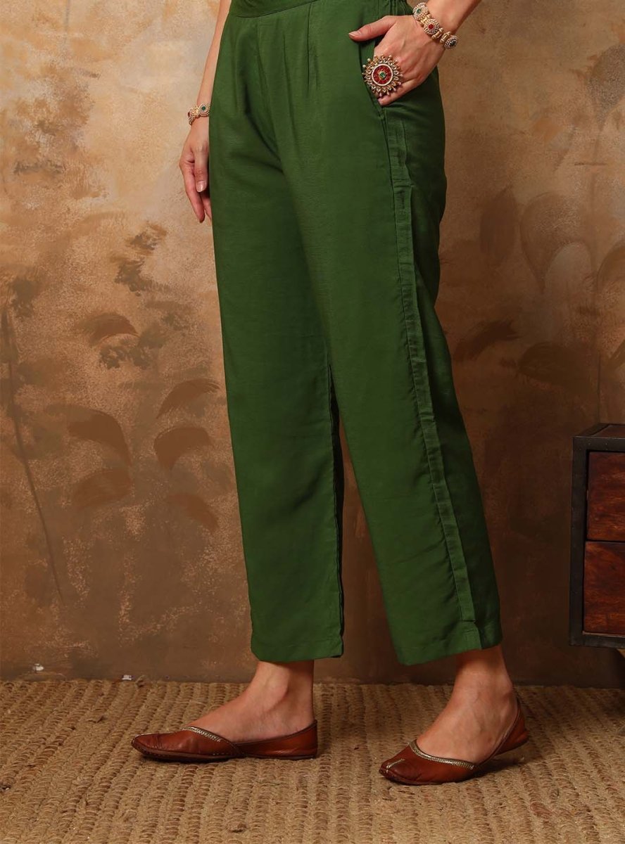 Olive Green Ari Work Hand Embroidery Silk Blend Kurta Set - Mahukaa