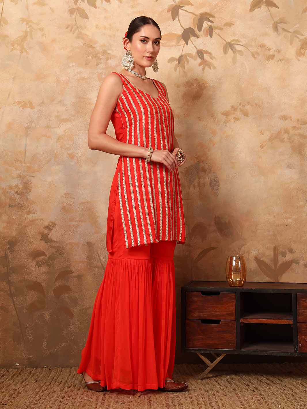 Orange Chanderi Silk Kurta with Georgette Sharara and Sequins Zari Lace Detailing - Mahukaa