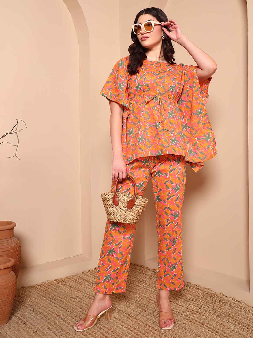 Orange Floral Pure Cotton Kaftan Set - Mahukaa