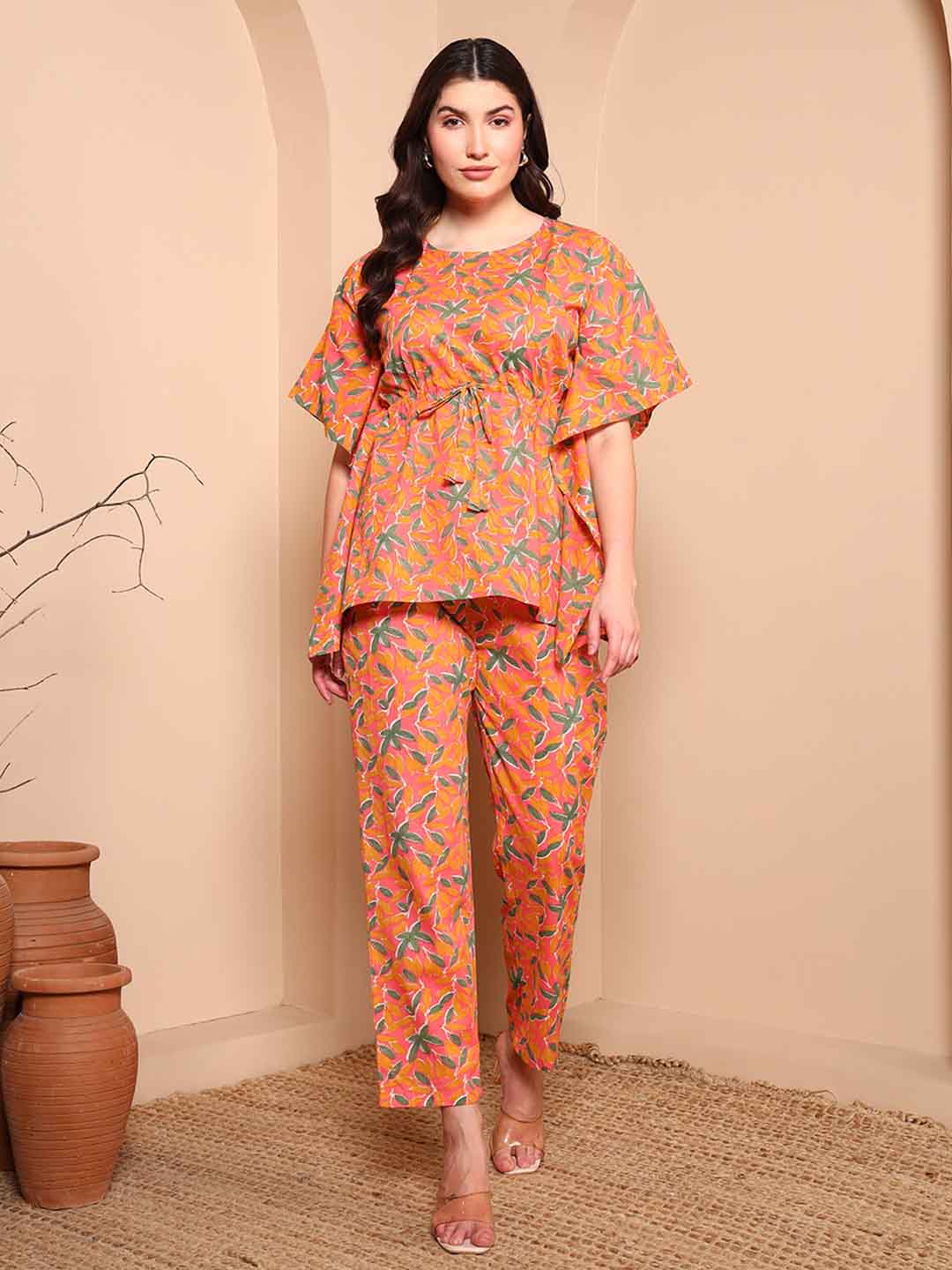 Orange Floral Pure Cotton Kaftan Set - Mahukaa