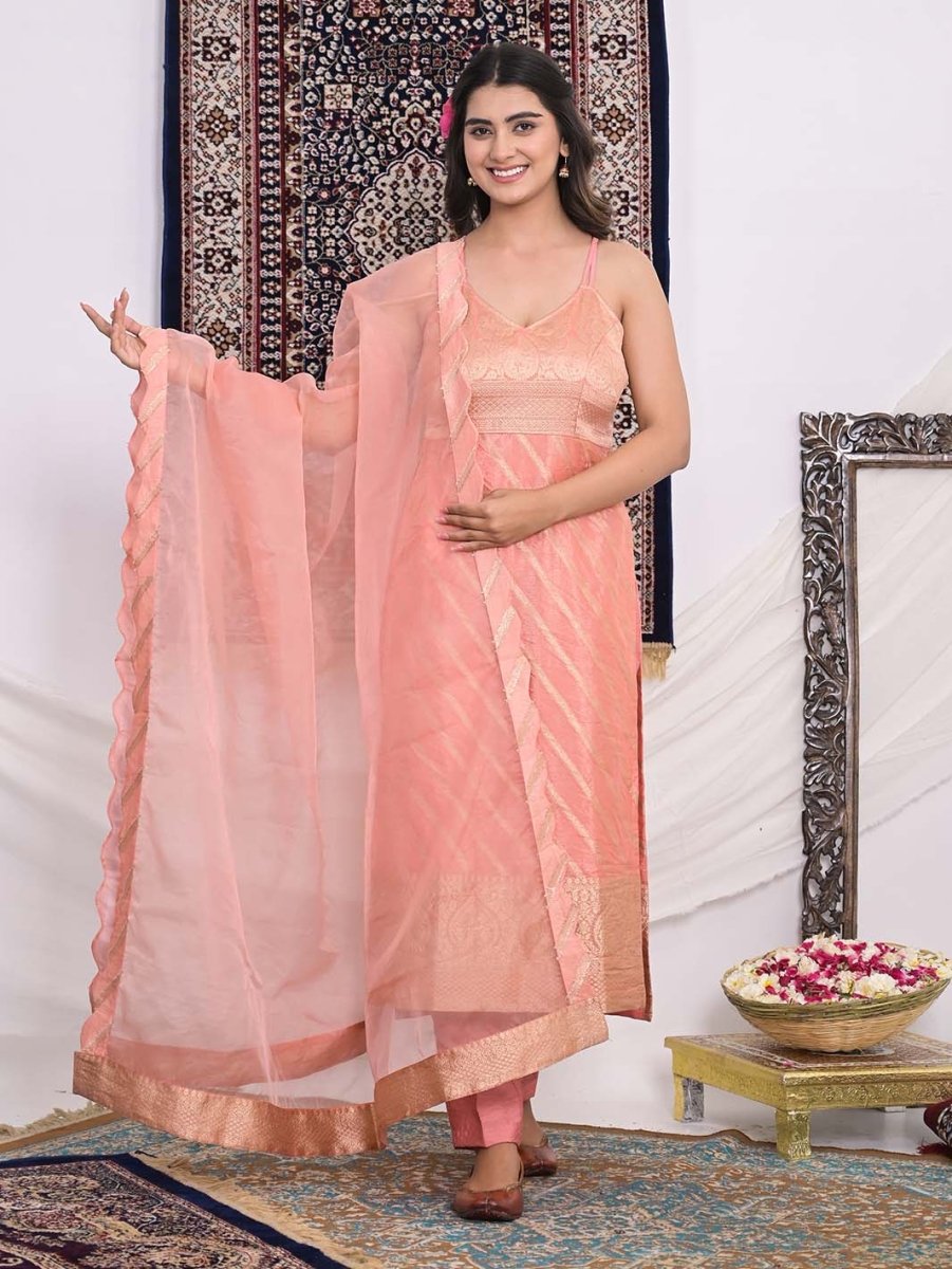Peach Banarasi Silk Straight Kurti and Pant with Organza Dupatta - Mahukaa