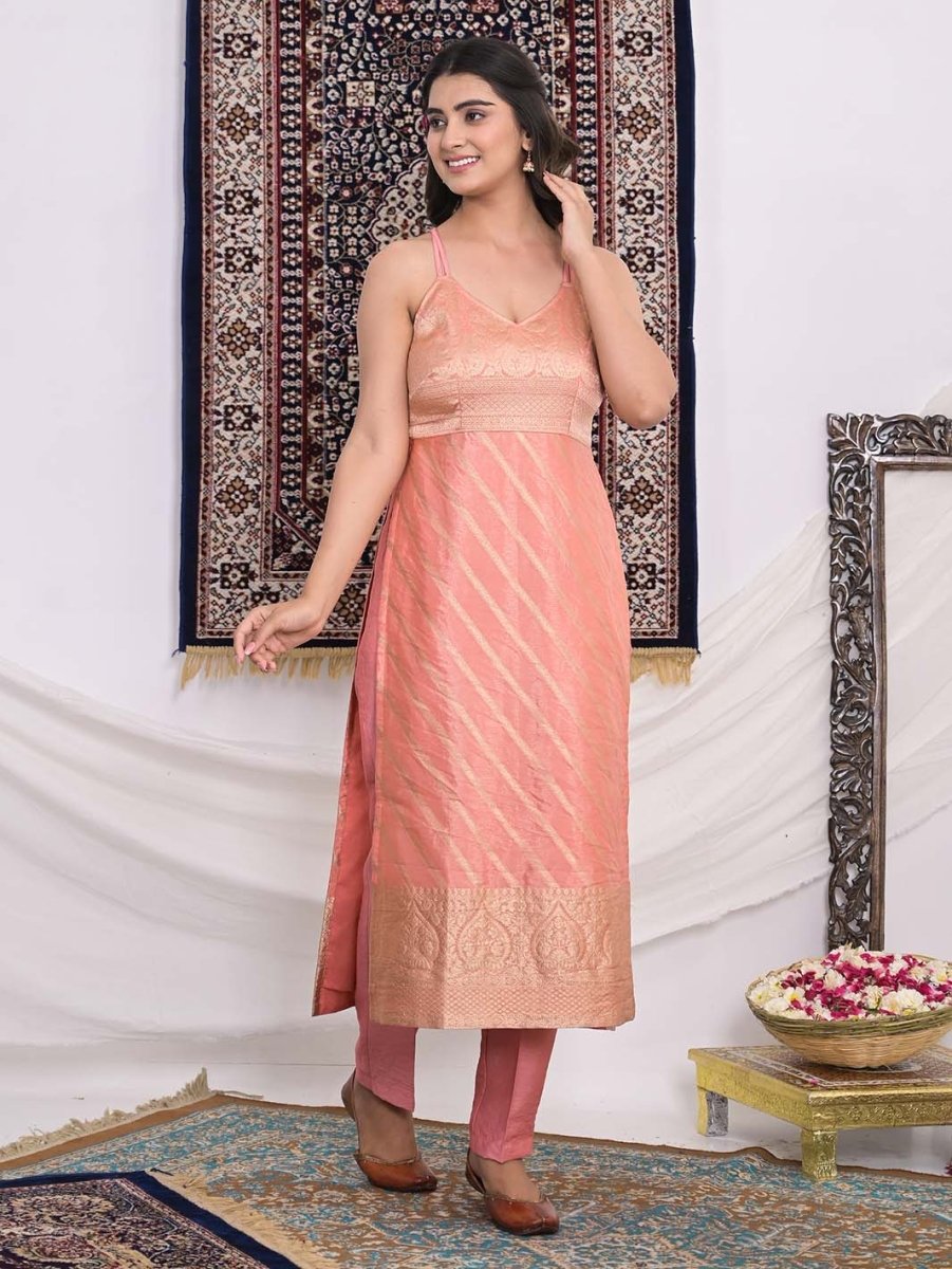 Peach Banarasi Silk Straight Kurti and Pant with Organza Dupatta - Mahukaa