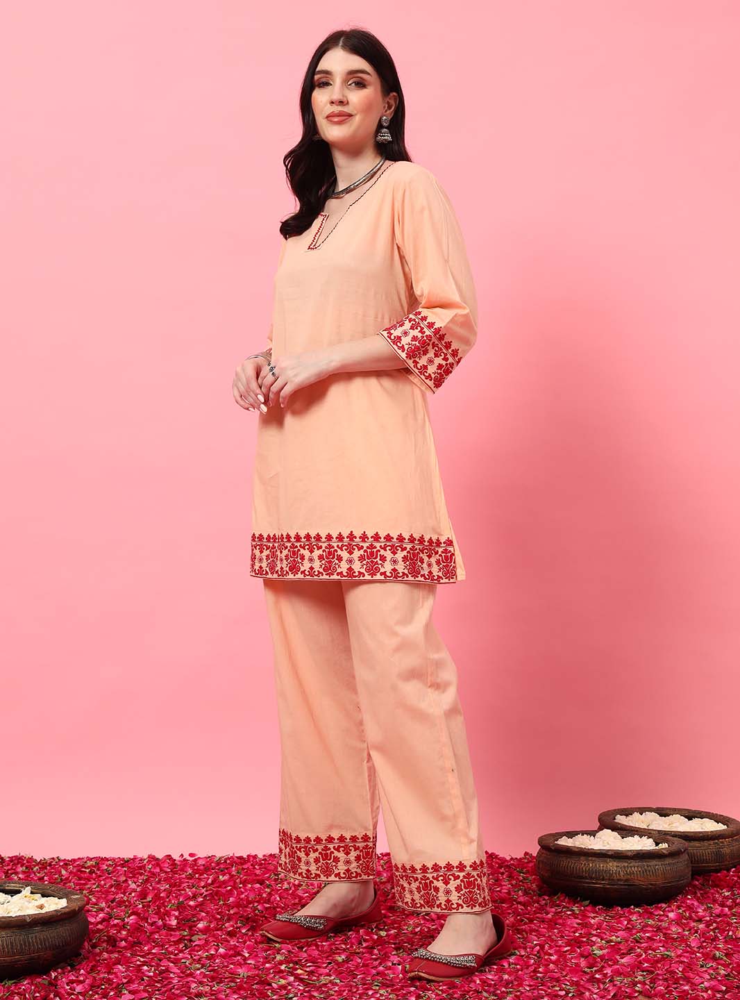 Peach Embroidered Straight Co - ord Set with Round V - Neck Square - Mahukaa