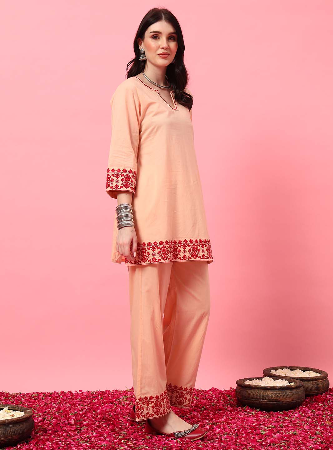 Peach Embroidered Straight Co - ord Set with Round V - Neck Square - Mahukaa