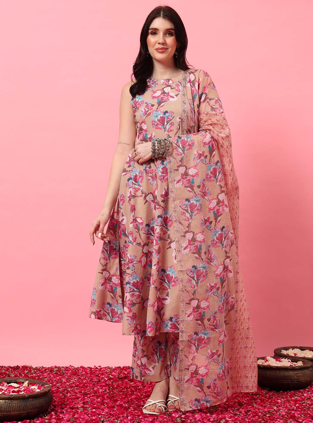 Peach Floral Halter Neck A - Line Kurta Set - Mahukaa