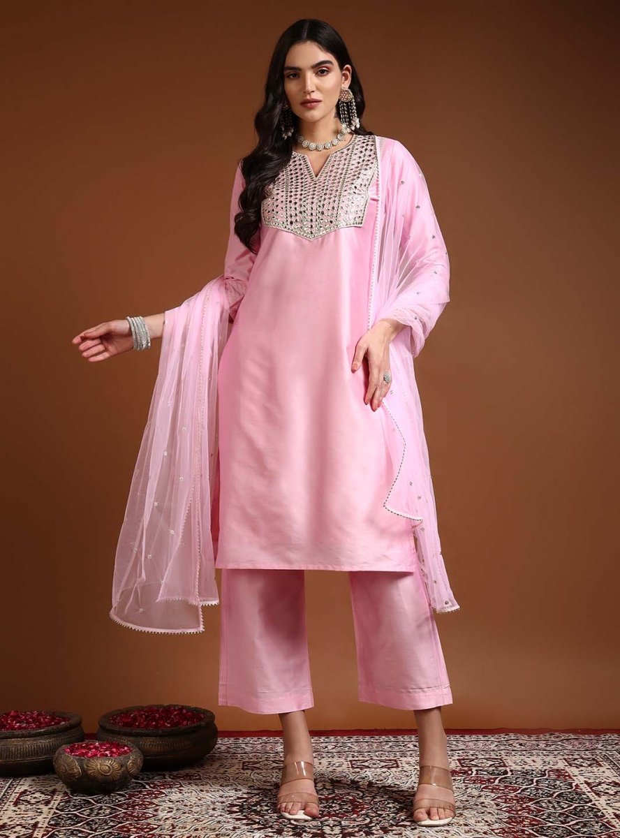 Pink Chanderi Straight Kurta Set with Mirror Work & Net Dupatta - Mahukaa