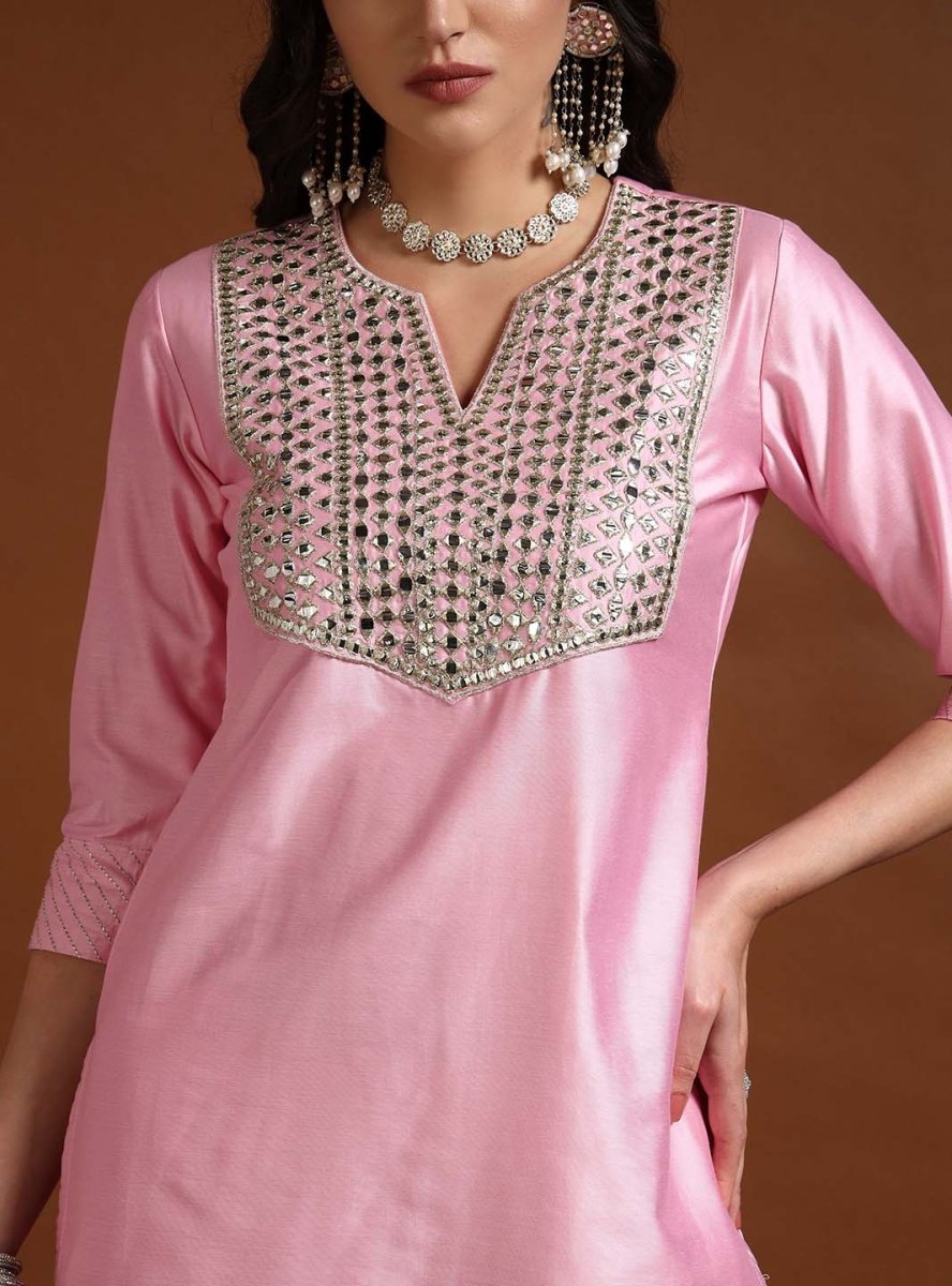 Pink Chanderi Straight Kurta Set with Mirror Work & Net Dupatta - Mahukaa