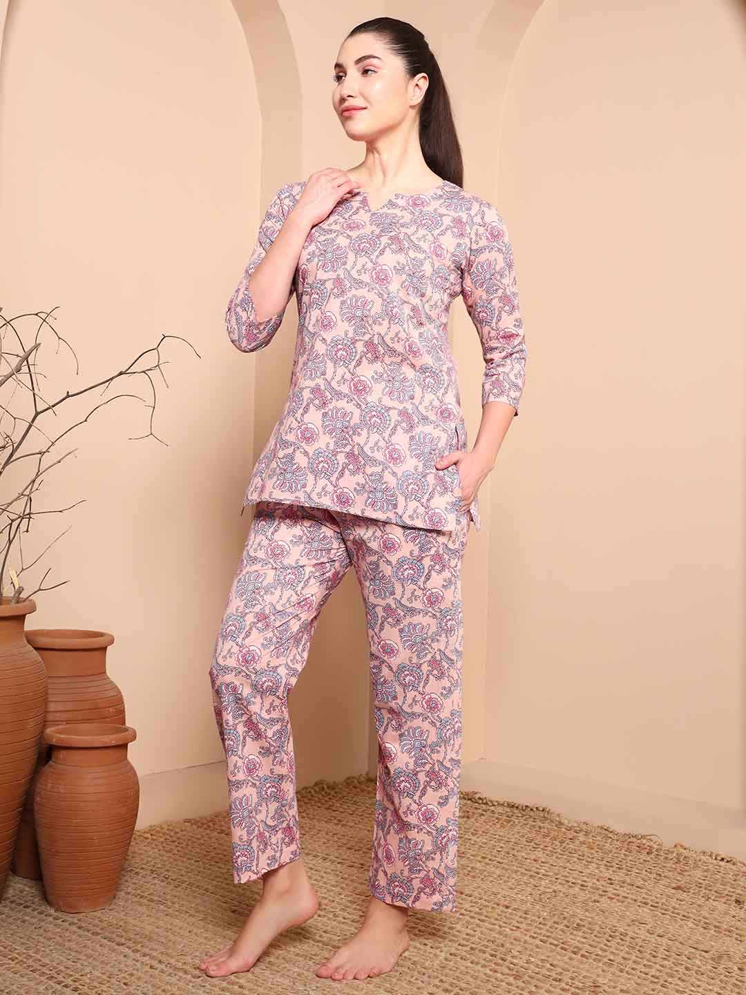 Pink Floral Cotton Night Suit with Round Slit Neckline - Mahukaa