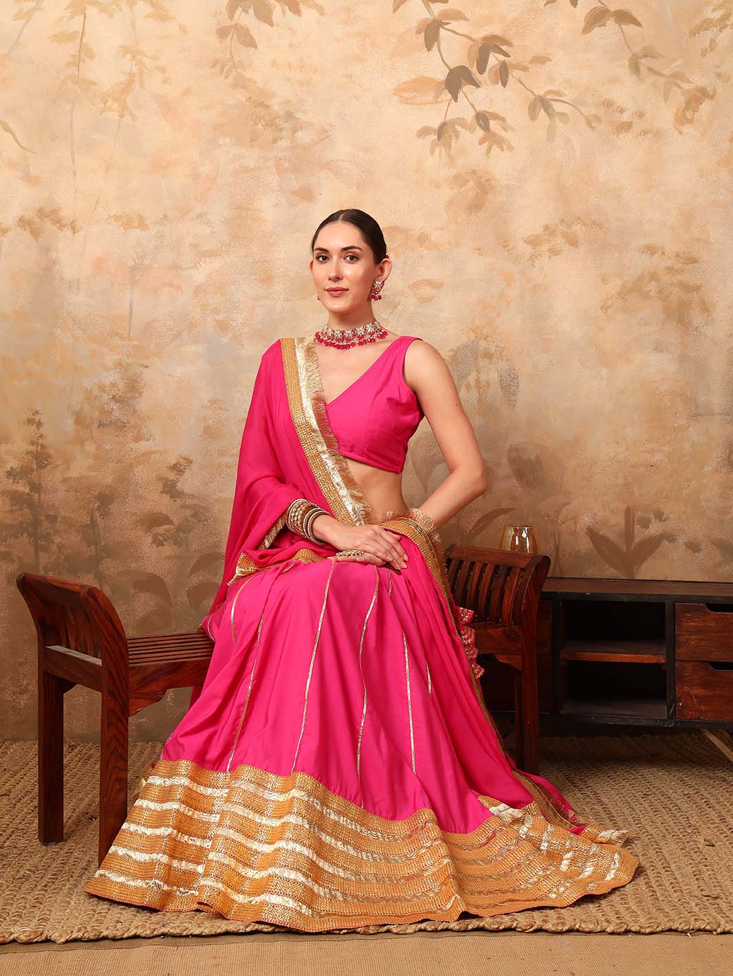 Pink Silk Blouse And Lehenga Set With Zari Embroidery - Mahukaa
