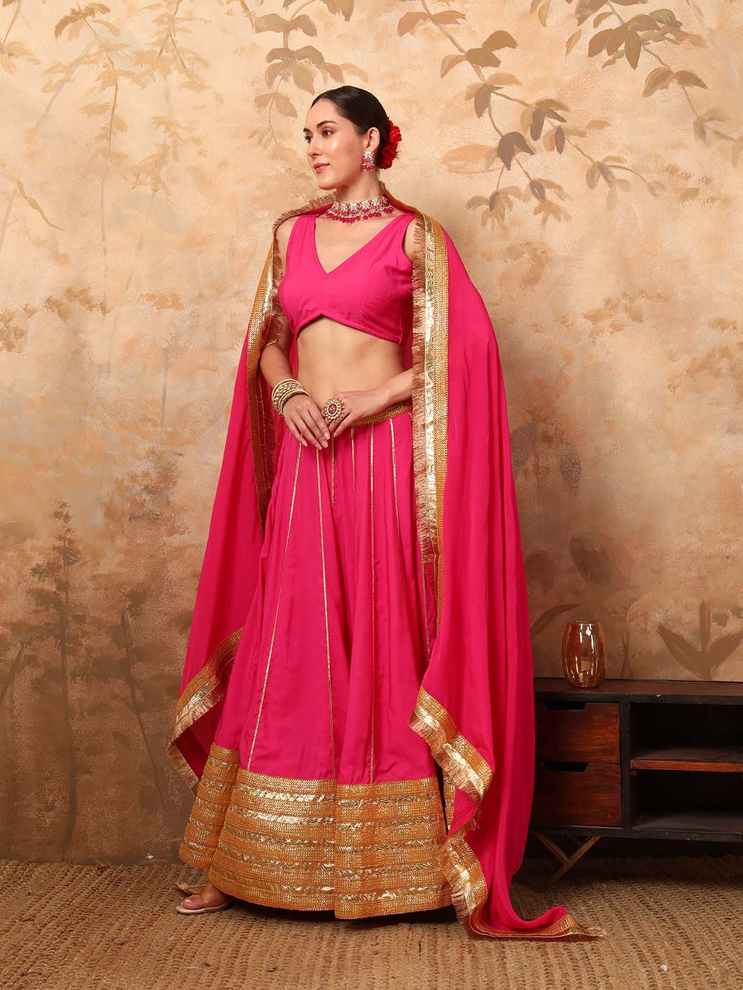 Pink Silk Blouse And Lehenga Set With Zari Embroidery - Mahukaa