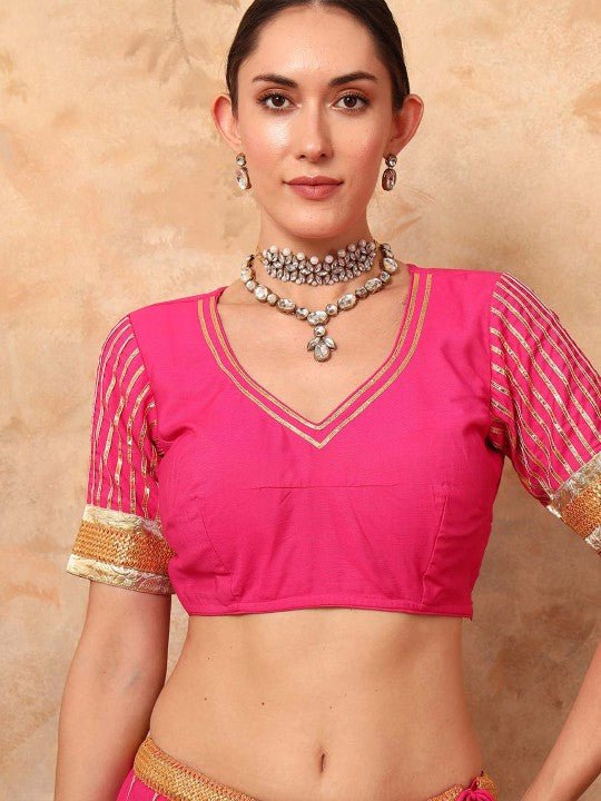 Pink Silk Full Sleeve Blouse And Lehenga Set With Zari Embroidery - Mahukaa