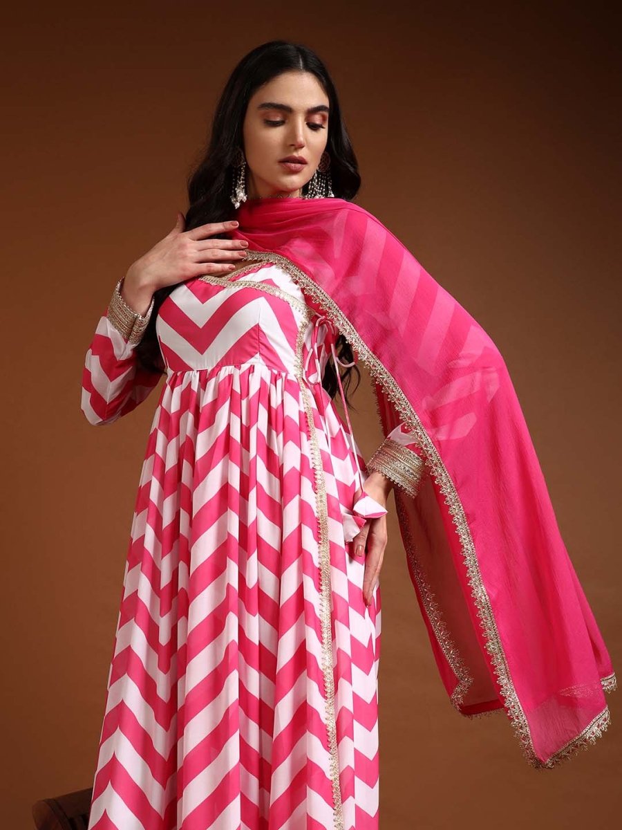 Pink white printed angrakha anarkali with dupatta - Mahukaa