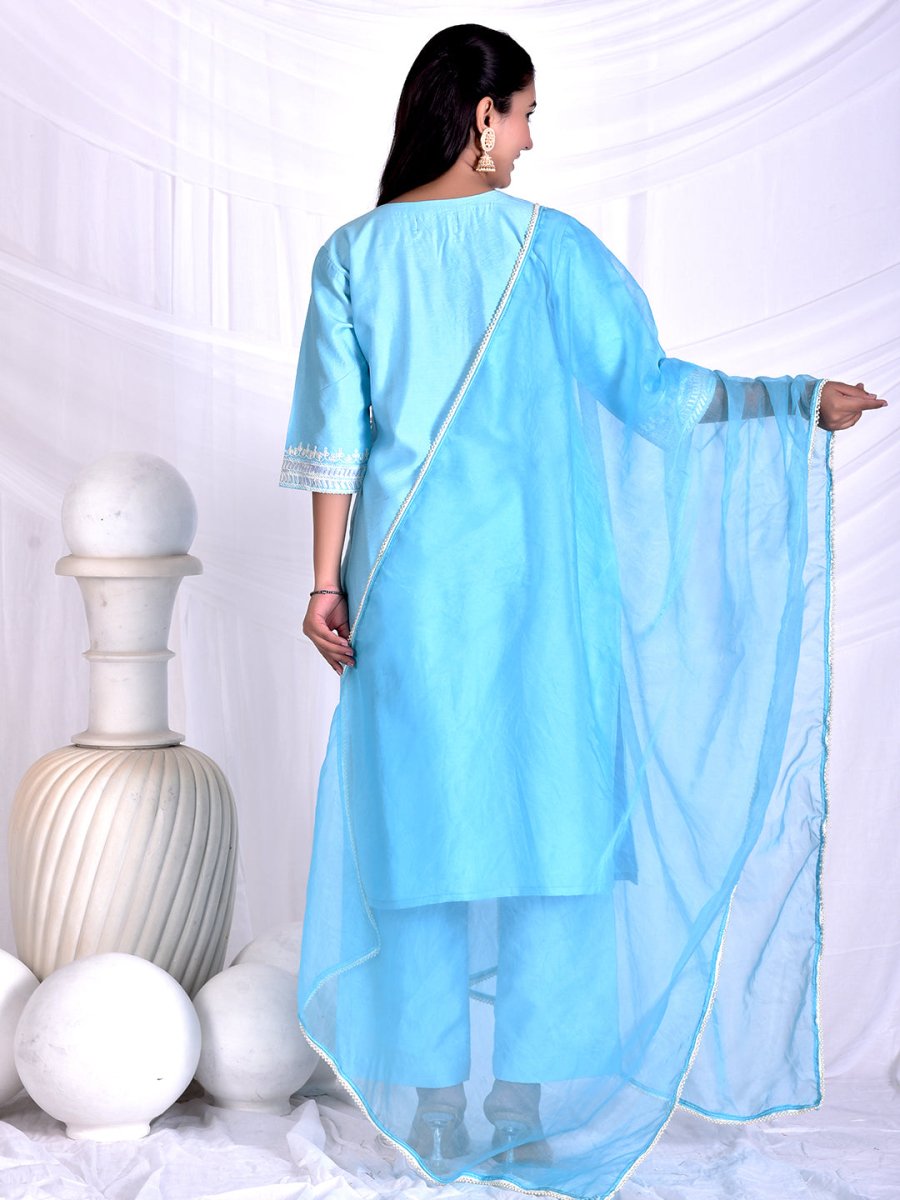 Powder blue dori & thread work embroidery kurta set with dupatta - Mahukaa