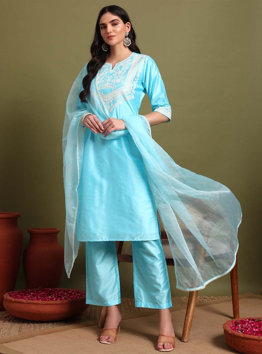 Powder blue dori & thread work embroidery kurta set with dupatta - Mahukaa