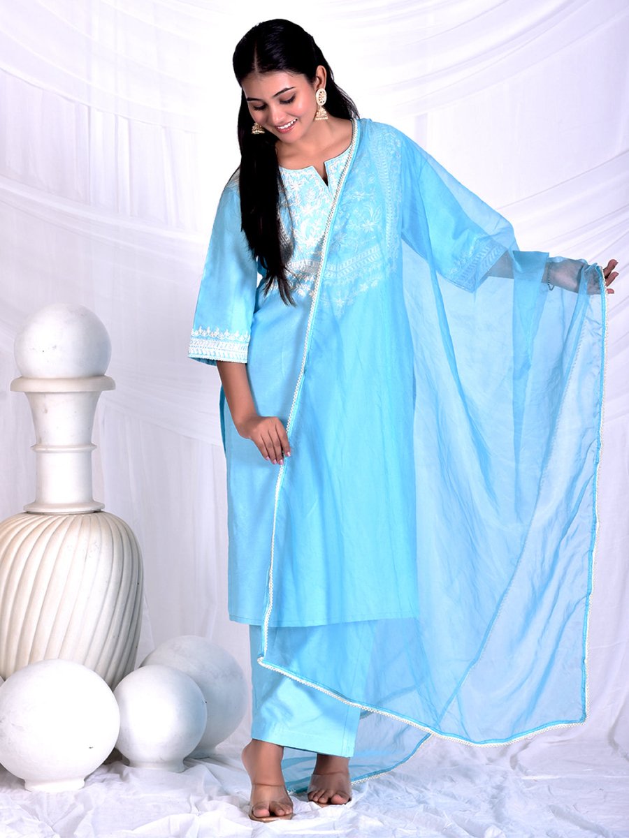 Powder blue dori & thread work embroidery kurta set with dupatta - Mahukaa