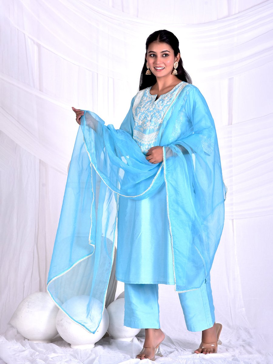 Powder blue dori & thread work embroidery kurta set with dupatta - Mahukaa