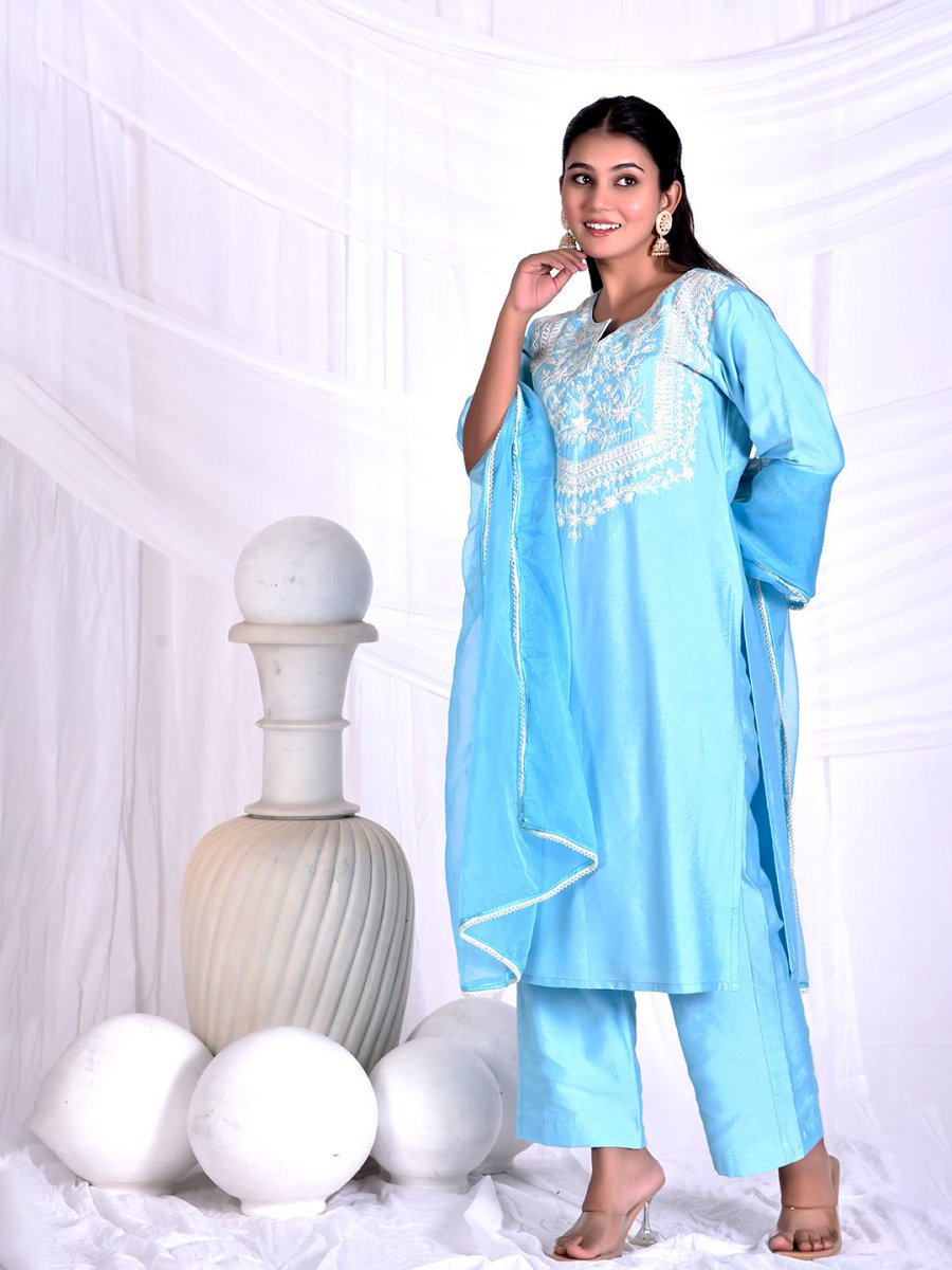 Powder blue dori & thread work embroidery kurta set with dupatta - Mahukaa