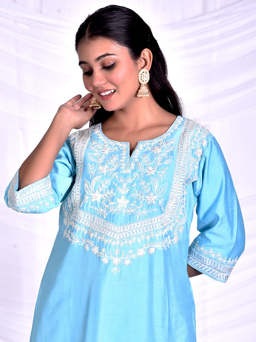Powder blue dori & thread work embroidery kurta set with dupatta - Mahukaa
