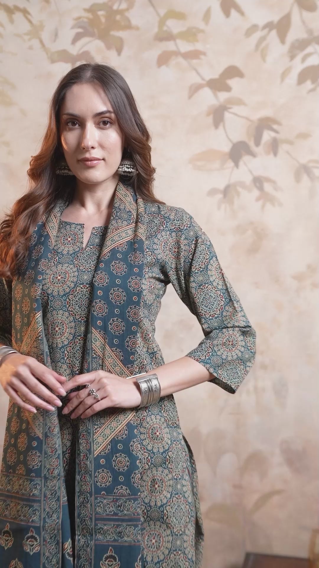 Navy Blue Ajrak Printed Straight Kurta Set with Classic Round Neckline