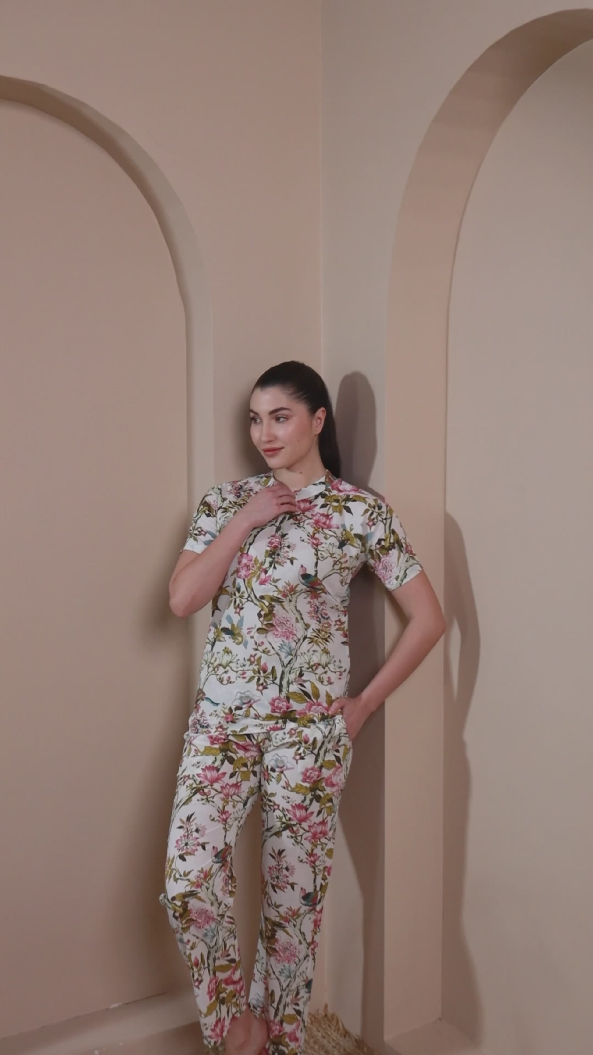 Off-White Floral Cotton Night Suit with Mandarin Collar