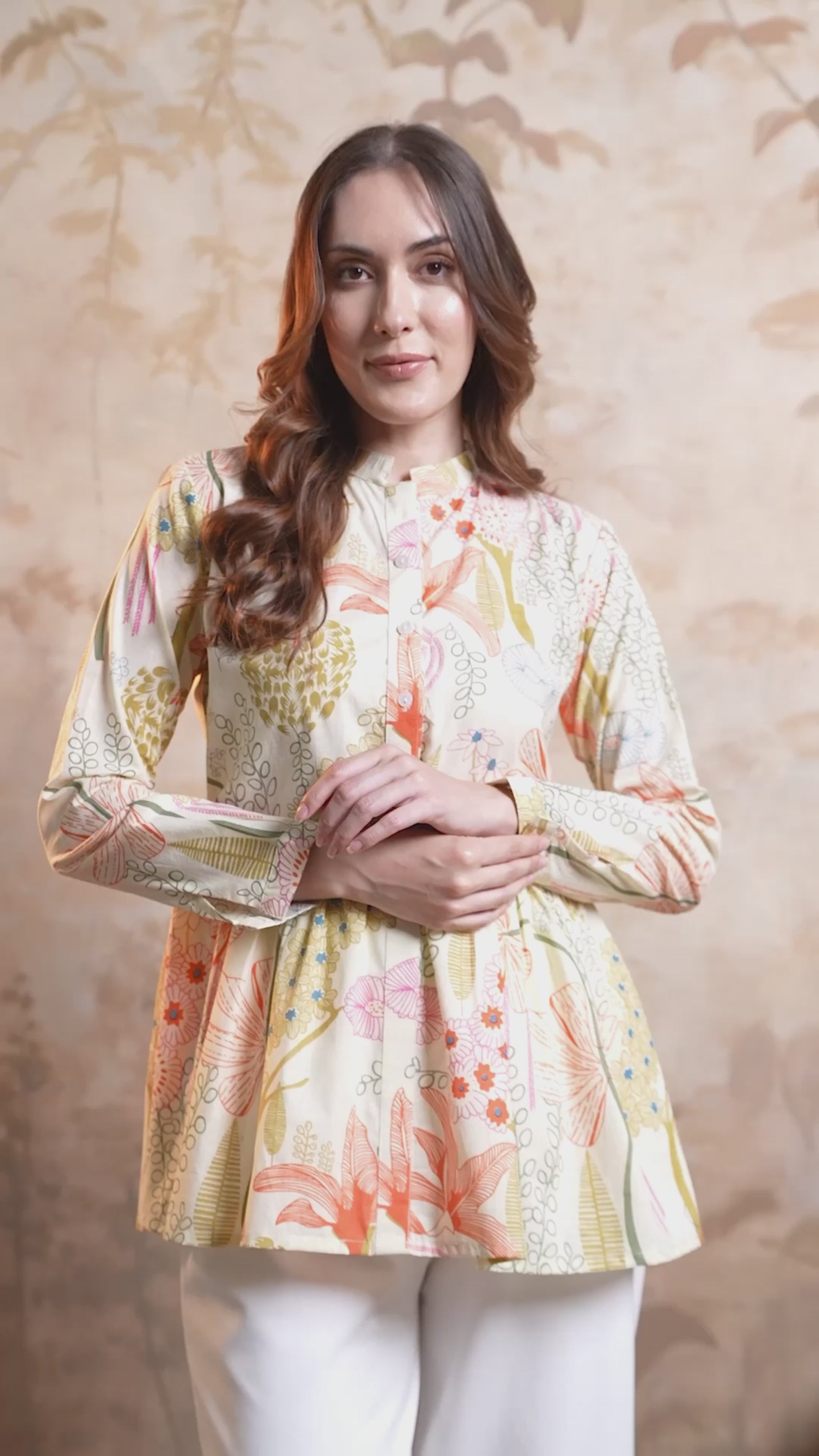 Off-White Tropical Printed A-line Tunic with Mandarin Collar