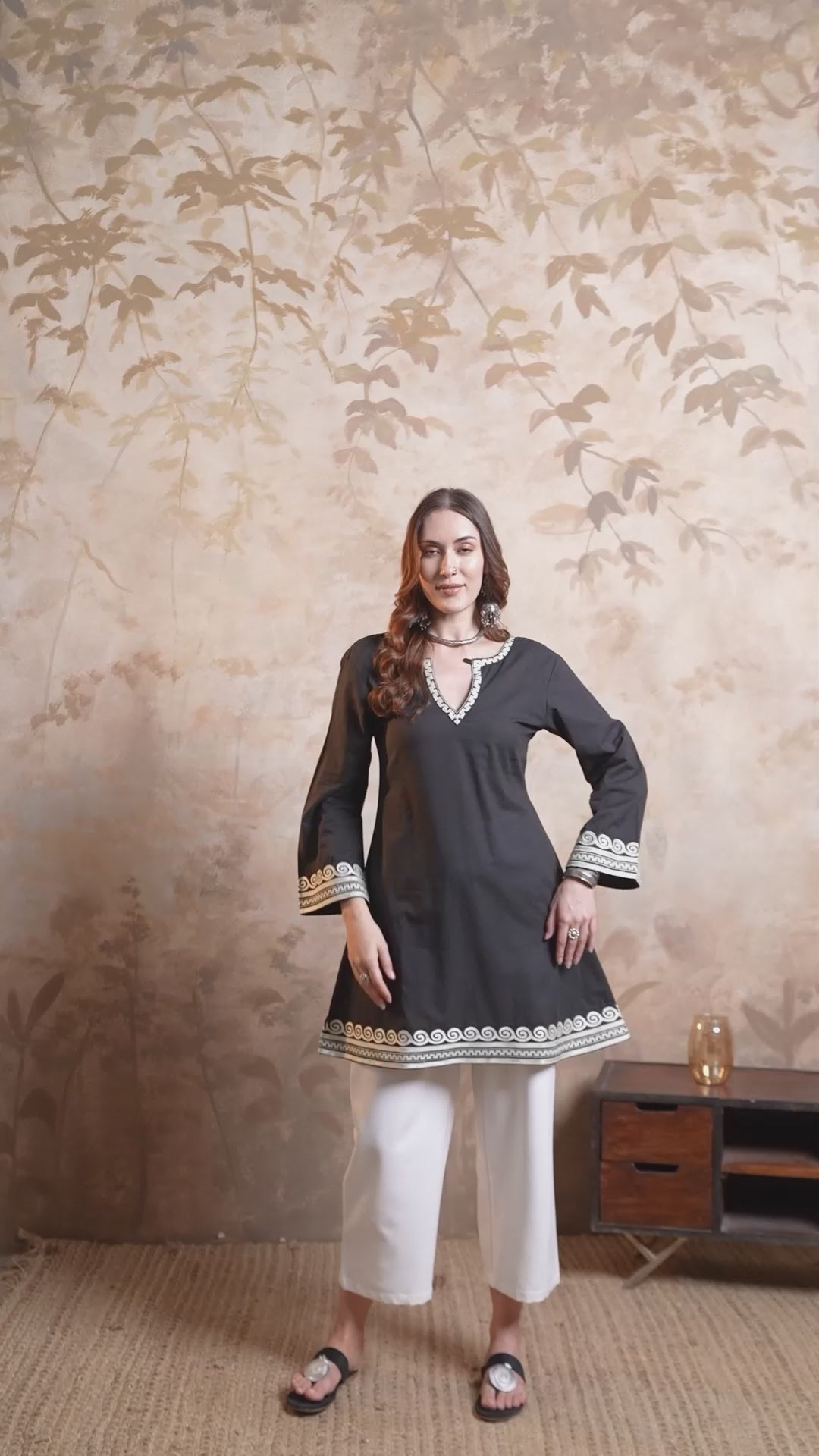 Black Embroidered A-Line Mini Dress with Flared Silhouette & Chic Detailing