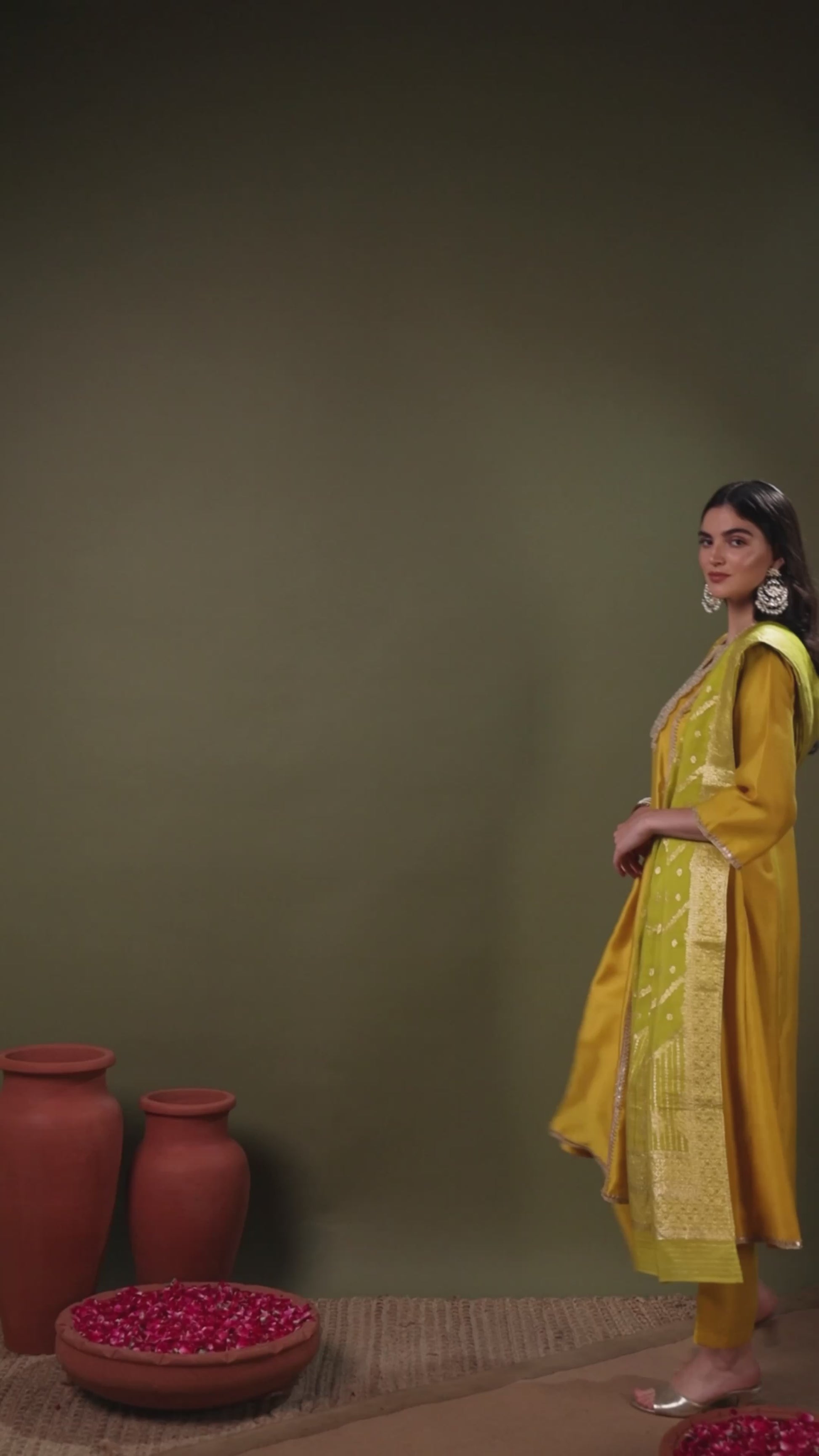 Yellow Sequin Embroidered Anarkali Kurta Set with Brocade Dupatta