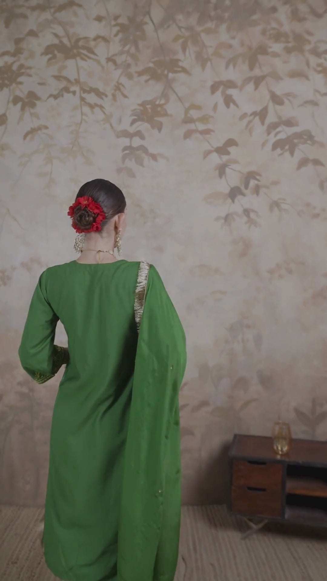 Olive Green Ari Work Hand Embroidery Silk Blend Kurta Set