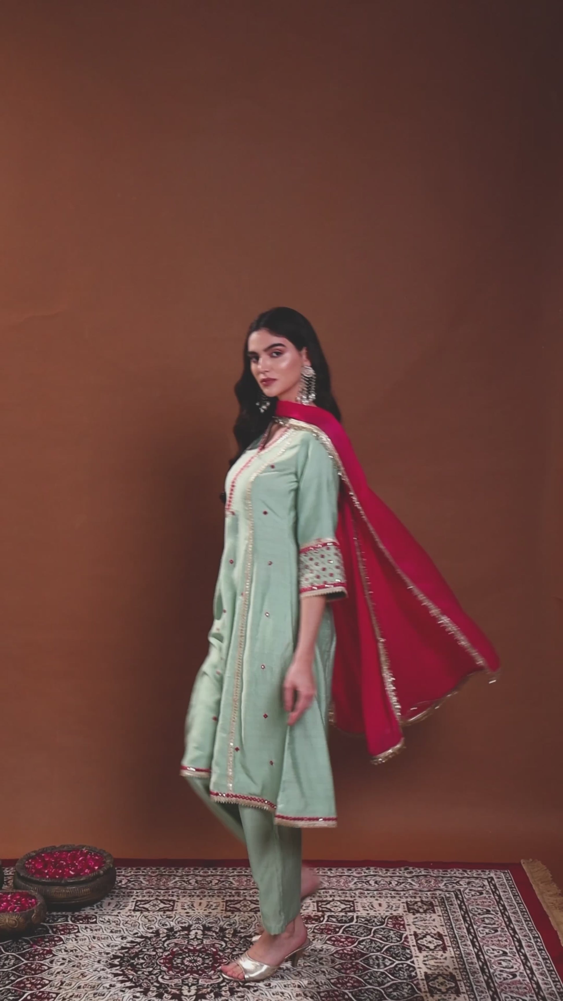 Mint Green A-Line Kurta Set with Lace Embroidery & Matching Dupatta
