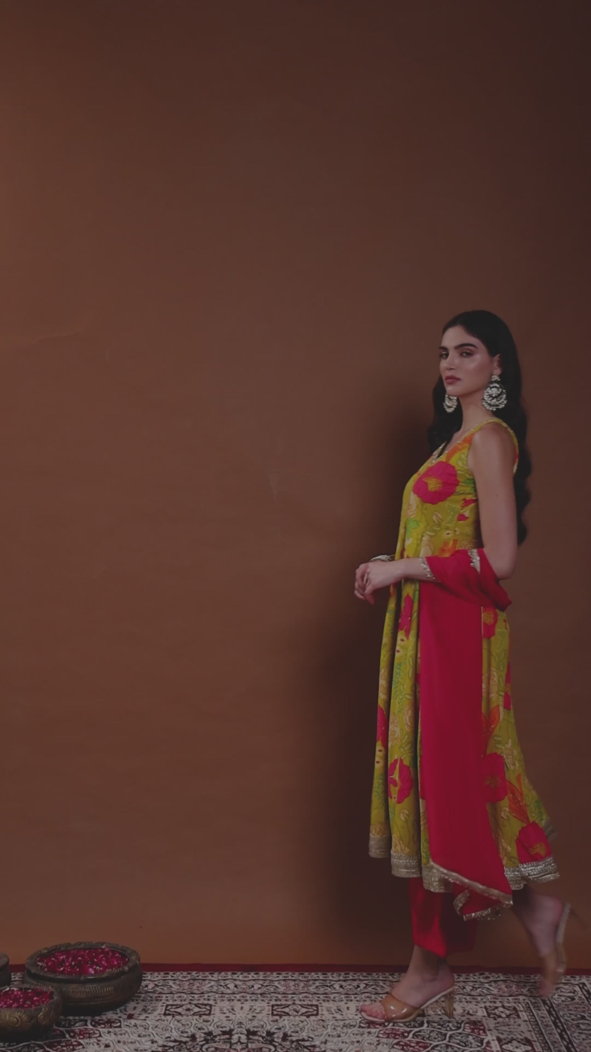 Lime Green Floral Printed Sleeveless Anarkali Set with Dupatta