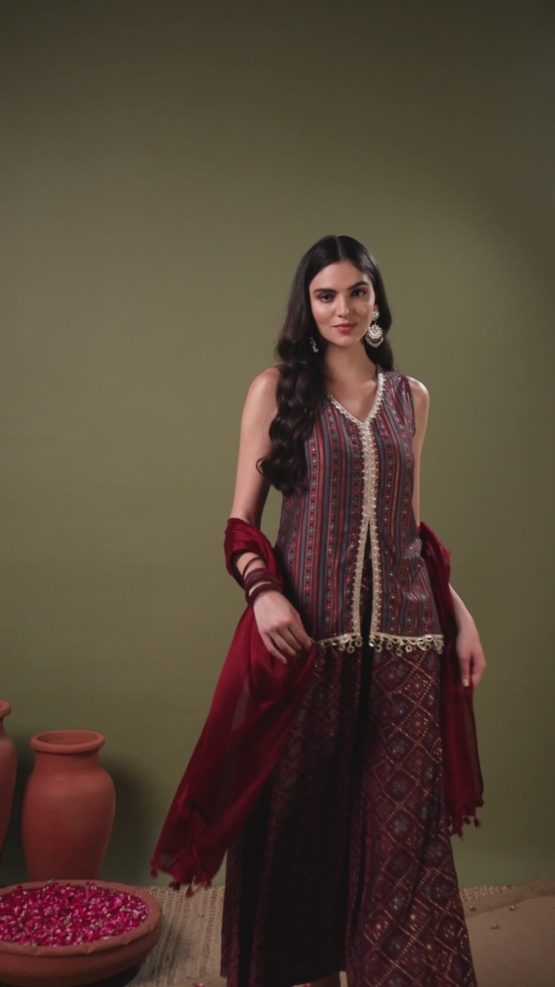 Maroon Printed V-Neck Kurta with Sharara Set, Lace Detailing & Chiffon Dupatta