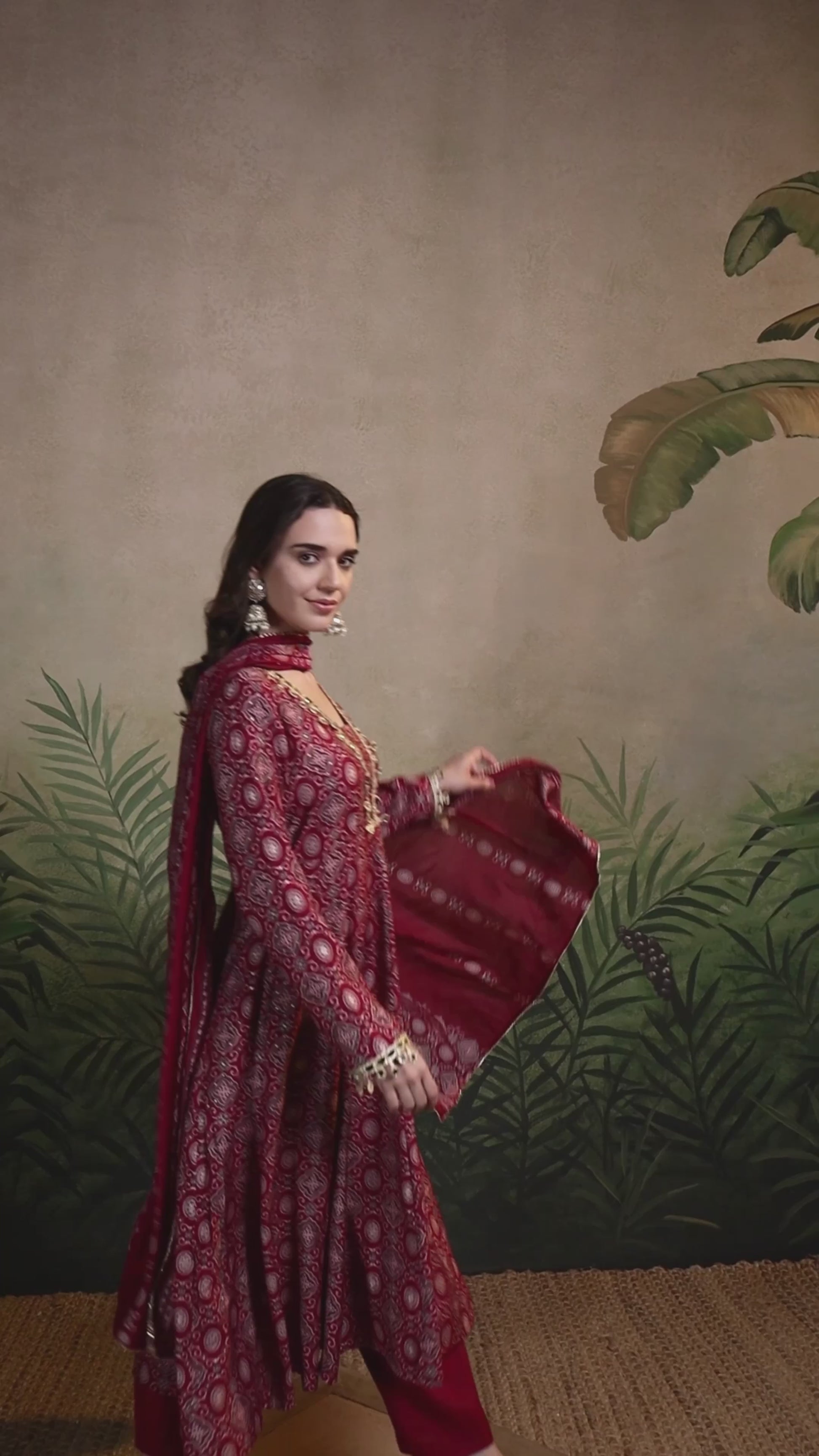 Maroon Square V-Neck Anarkali Set with Lace Embroidery & Dupatta