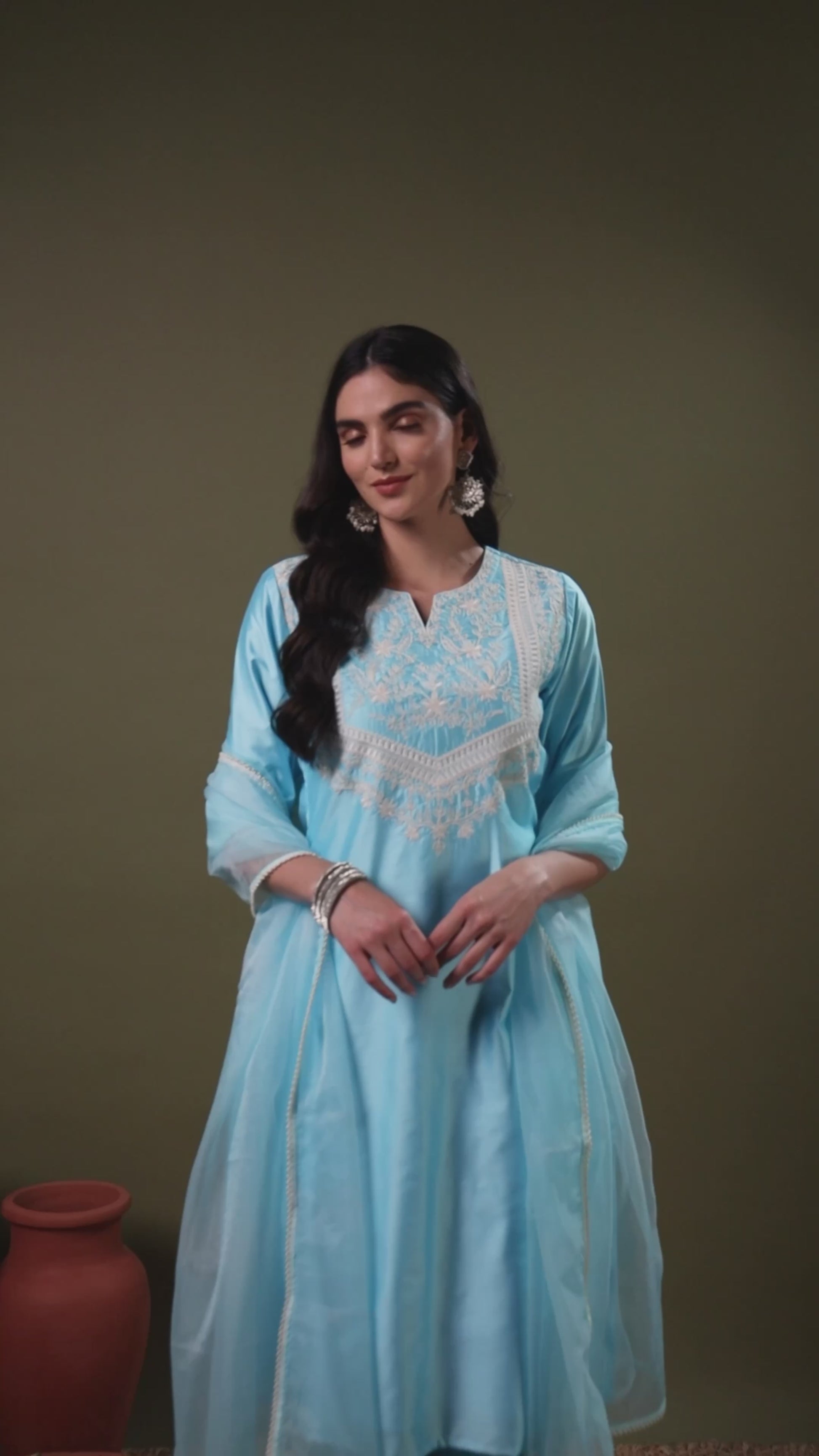 Dori Work Embroidered Powder Blue Kurta Set with Organza Dupatta
