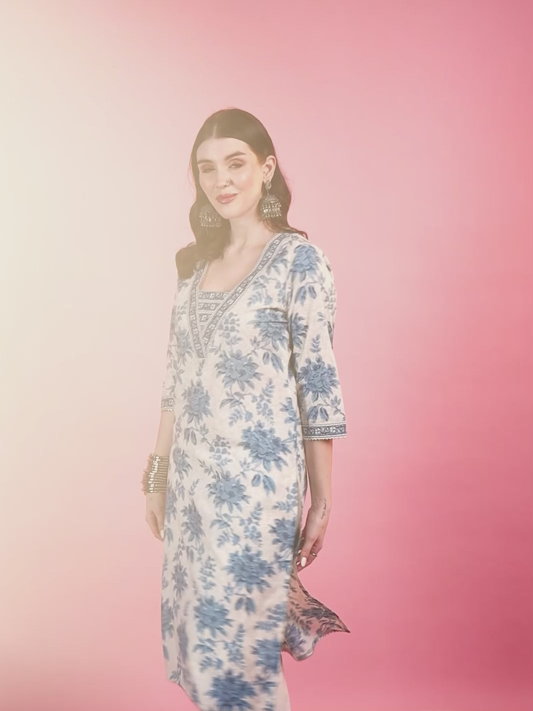 Blue Floral Straight Kurta with Elegant V-Neckline and Screen Print Detailing