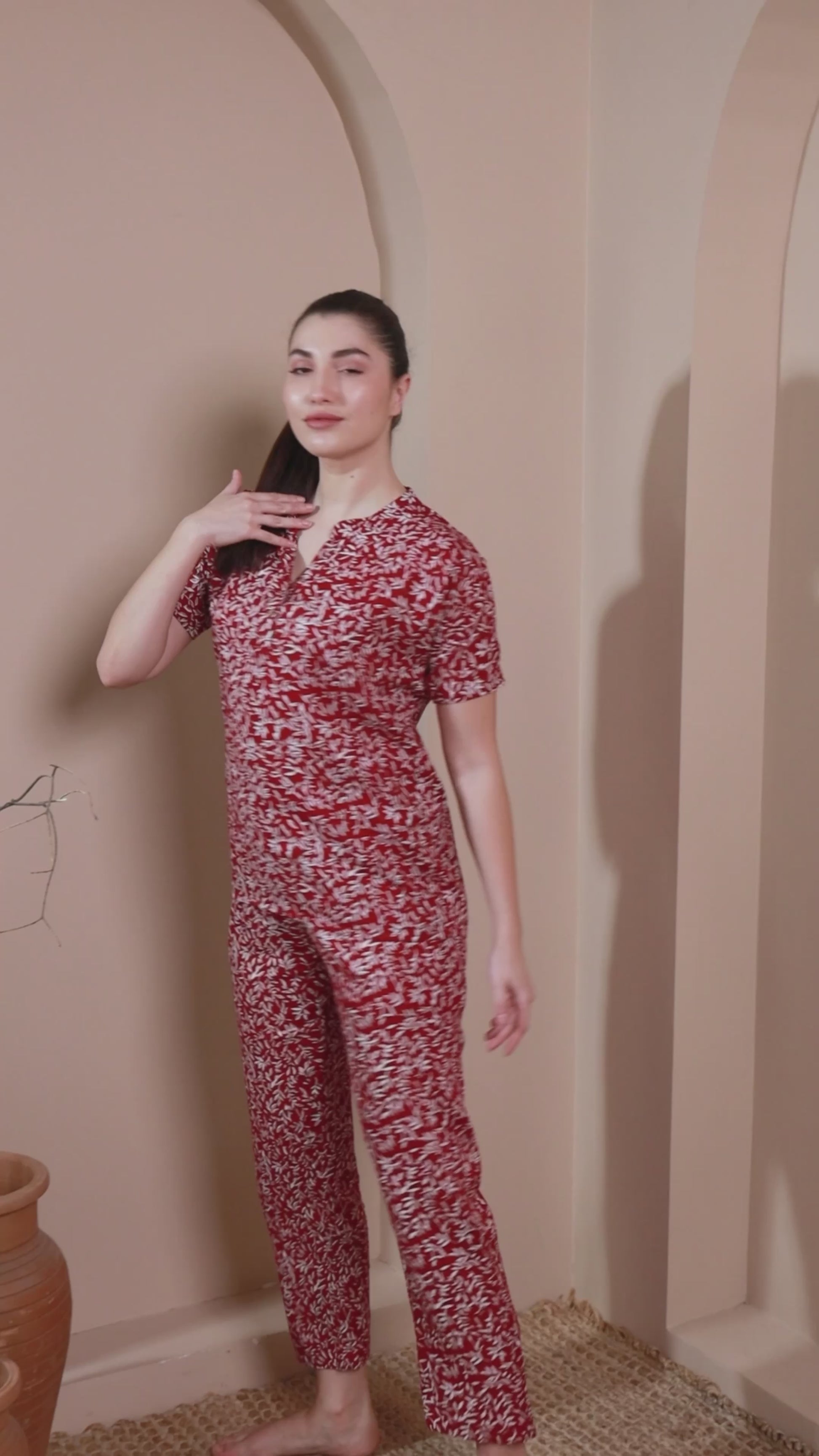 Maroon Floral Cotton Night Suit with Mandarin Collar