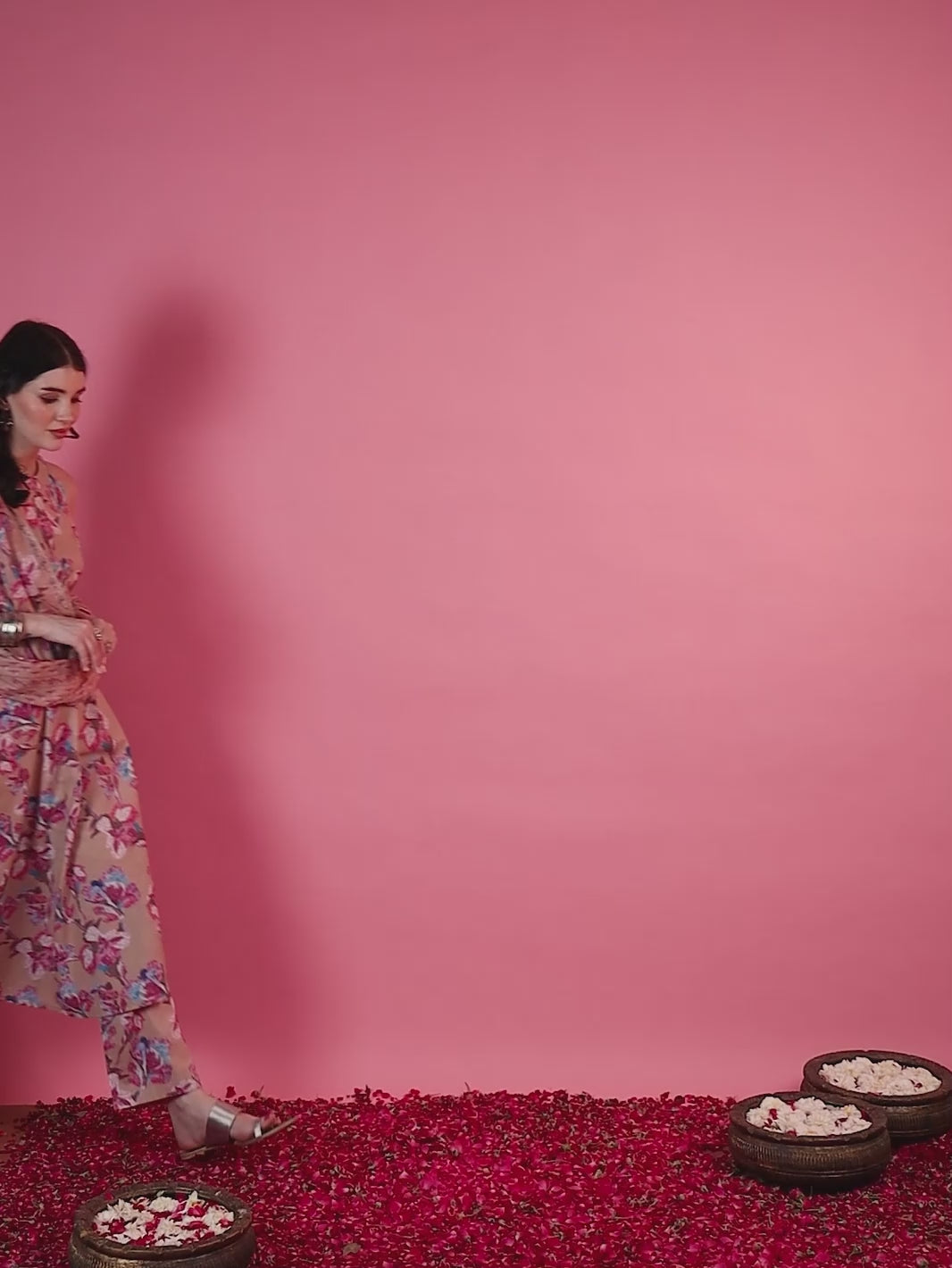 Peach Floral A-Line Kurta Set with Halter Neck and Screen Printed Patterns