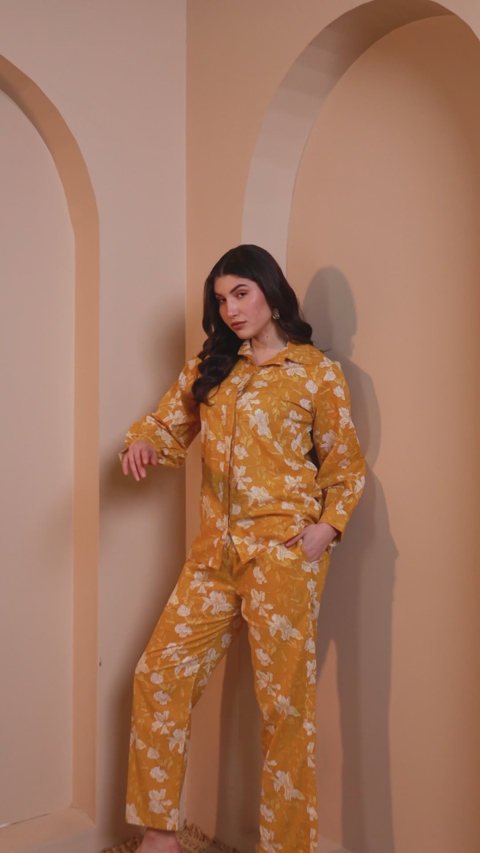 Yellow Pure Cotton Floral Co-ord Set with Shirt Collar