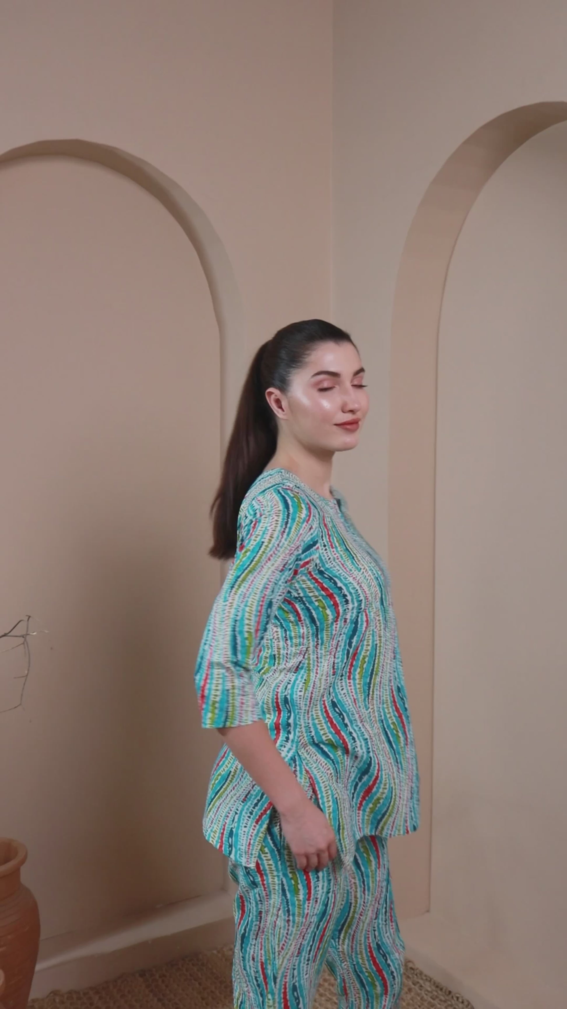 Blue Abstract Print Pure Cotton Night Suit with Round Neck