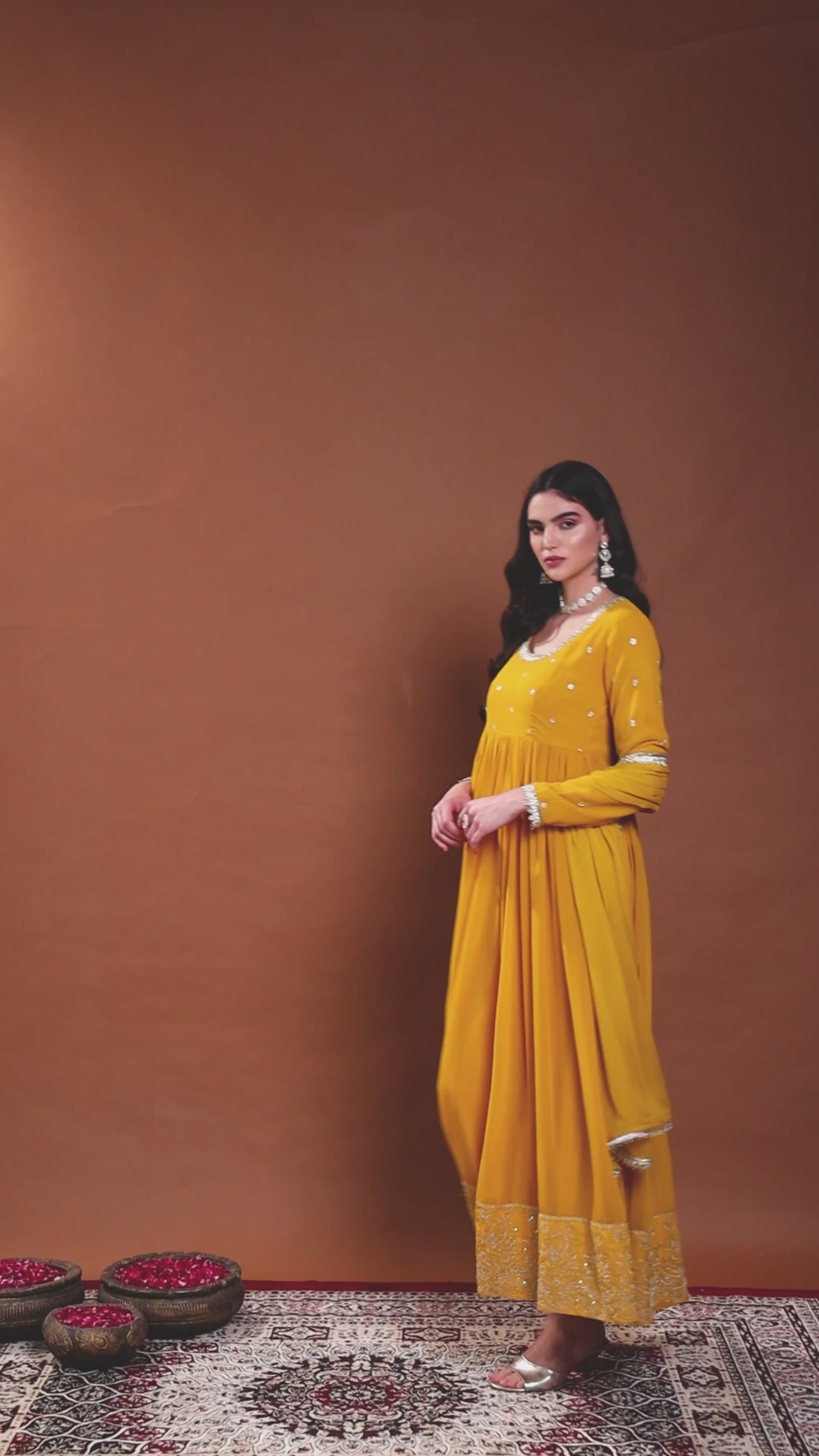 Yellow Round-neckline Anarkali Set with Lace Embroidery &  Dupatta