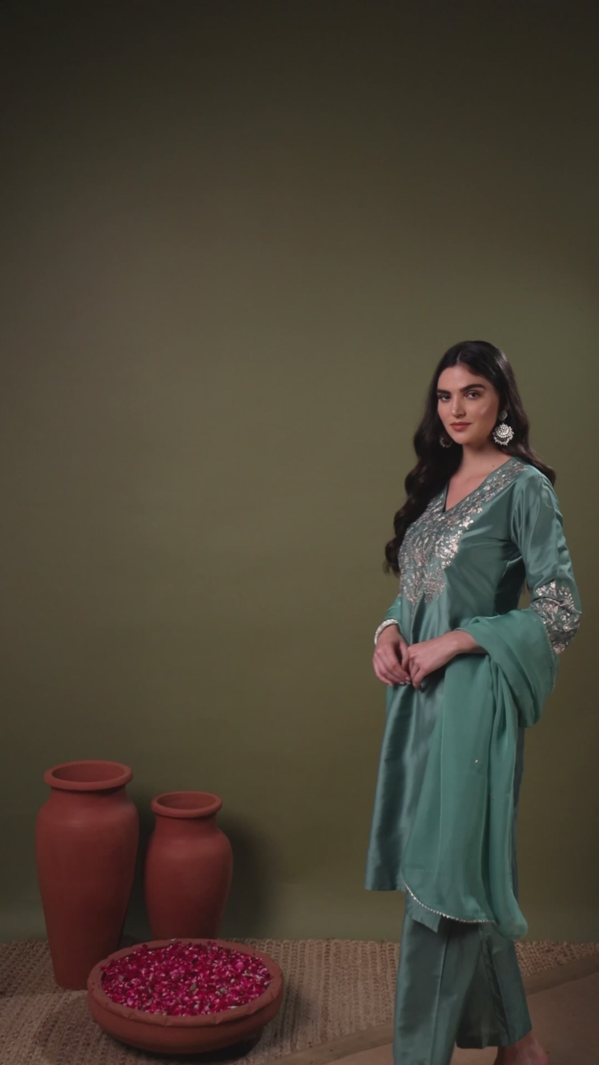 Mint Green Kurta Set with Zari Embroidery & Organza Dupatta
