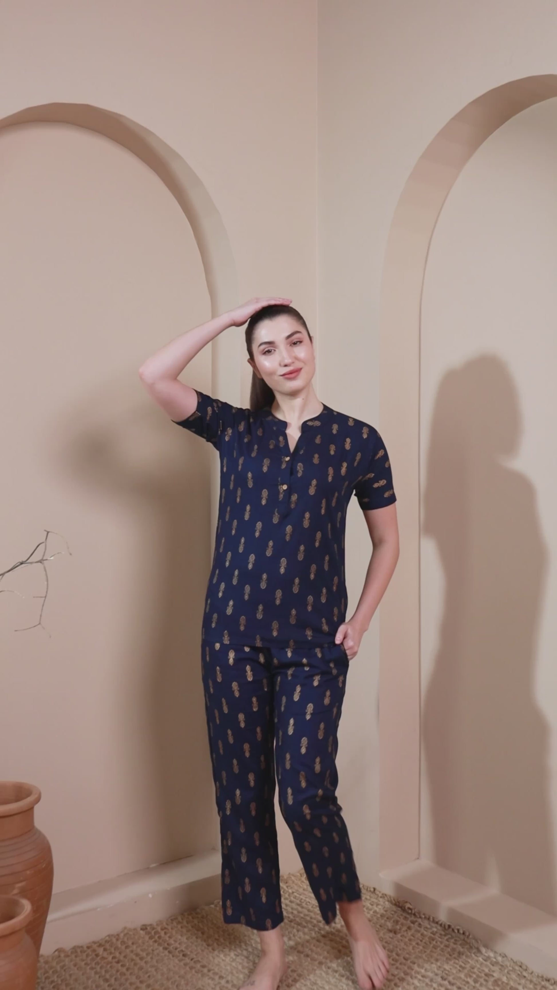 Blue & Gold Foil Print Night Suit with Mandarin Collar