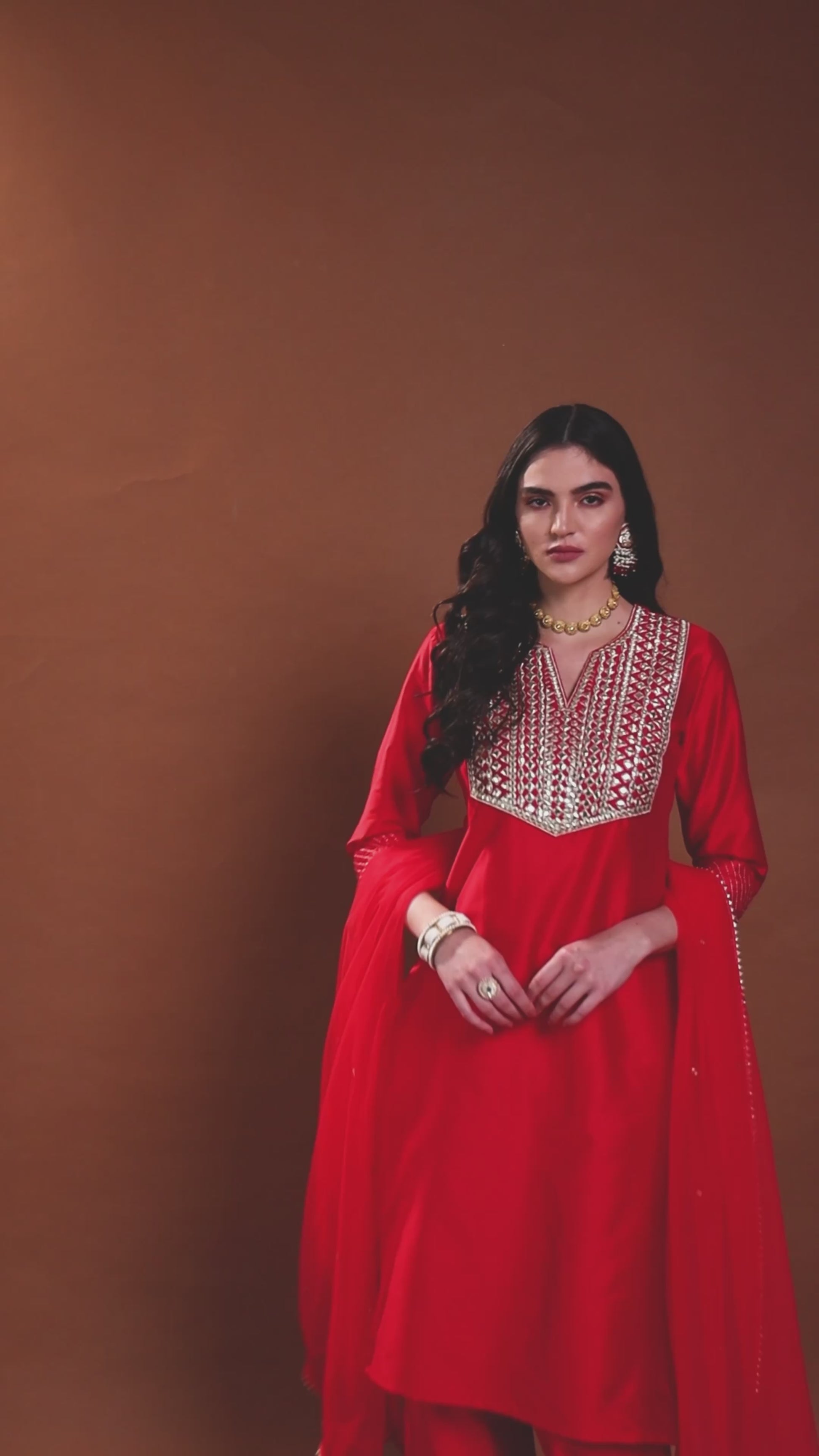 Women Red Mirror & Zari Work Kurta Set With Dupatta