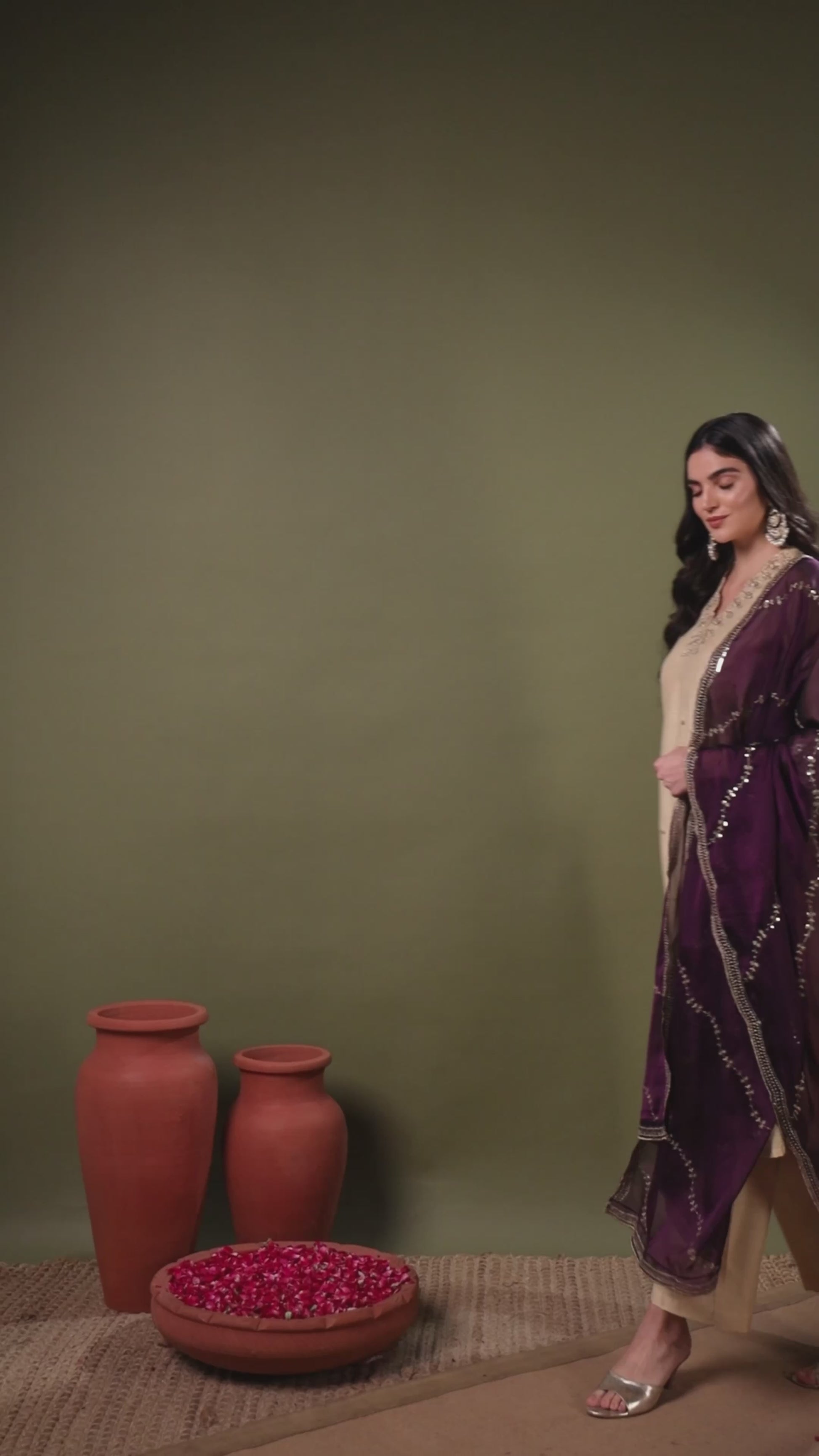 Beige V-Neck Anarkali Set with Lace Embroidery, Pants & Scallop Dupatta