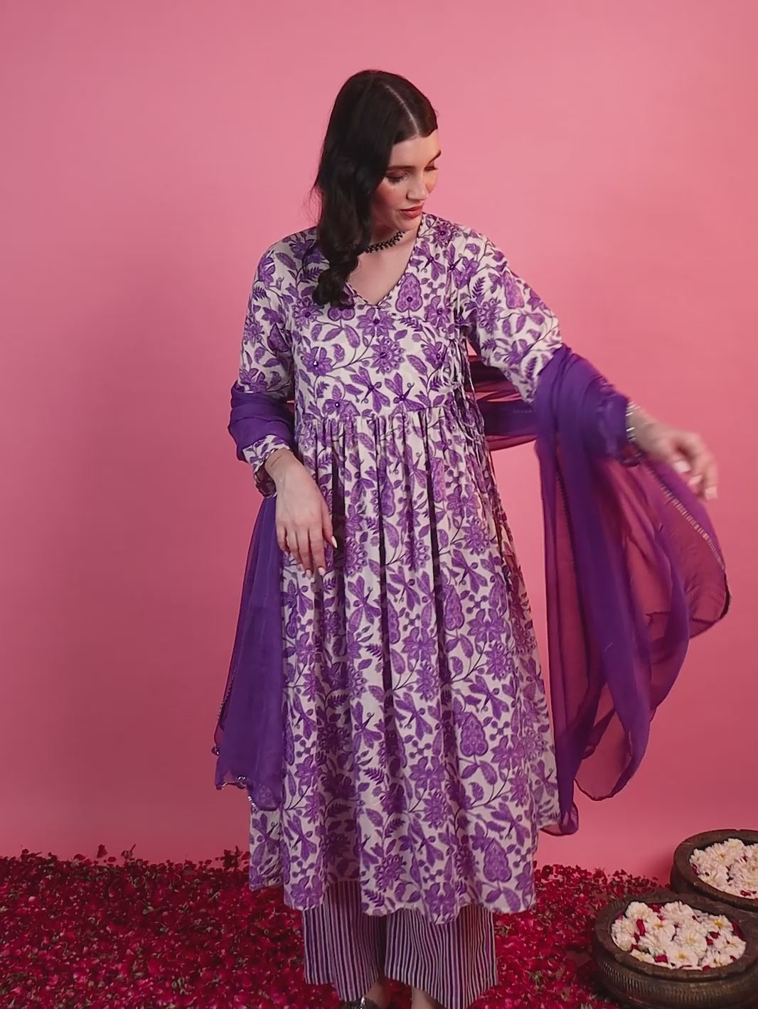 White Floral Angrakha Anarkali Kurta Set with Round V-Neck