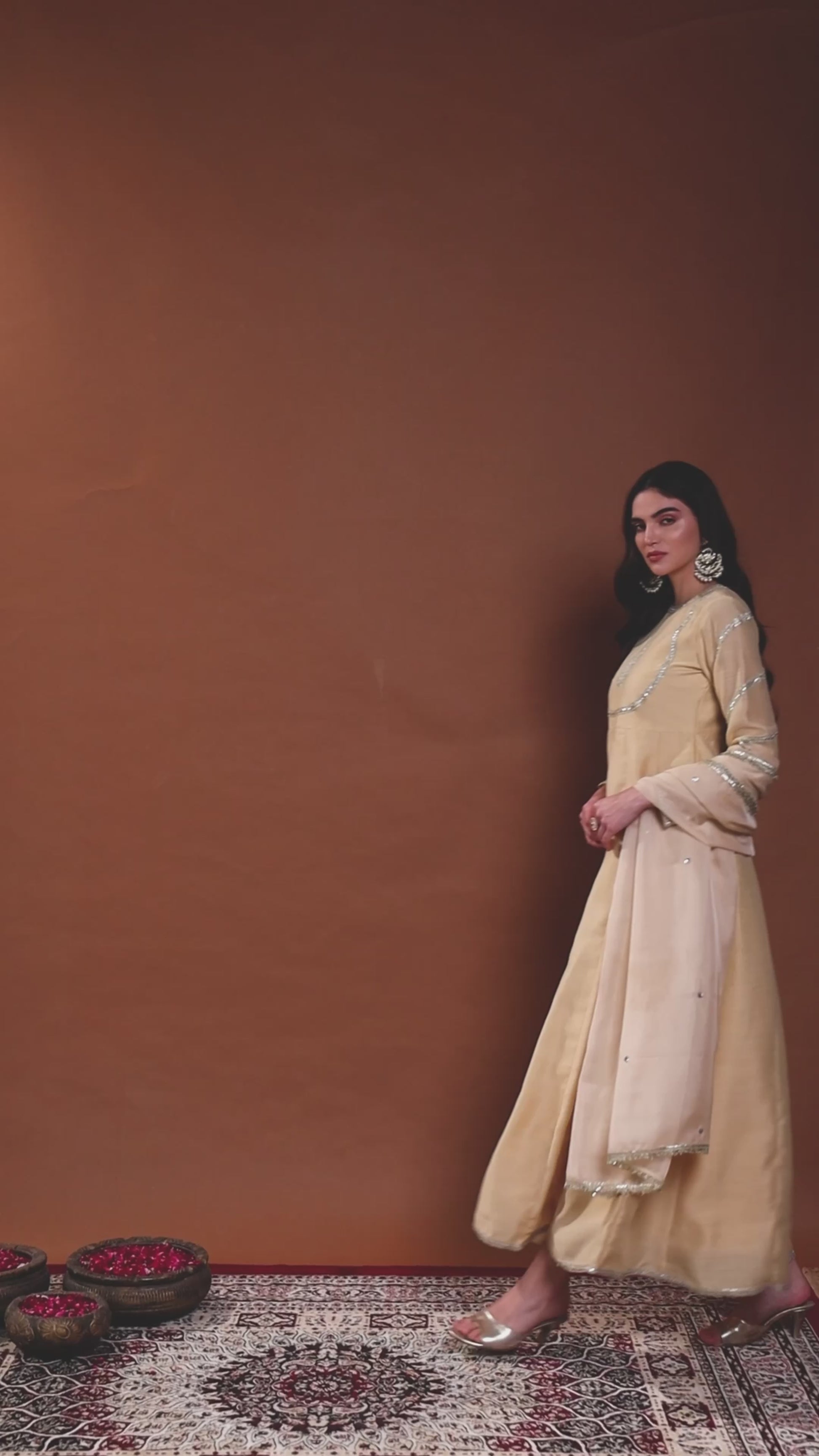 Beige Round Neck Embroidered Anarkali Set with Dupatta