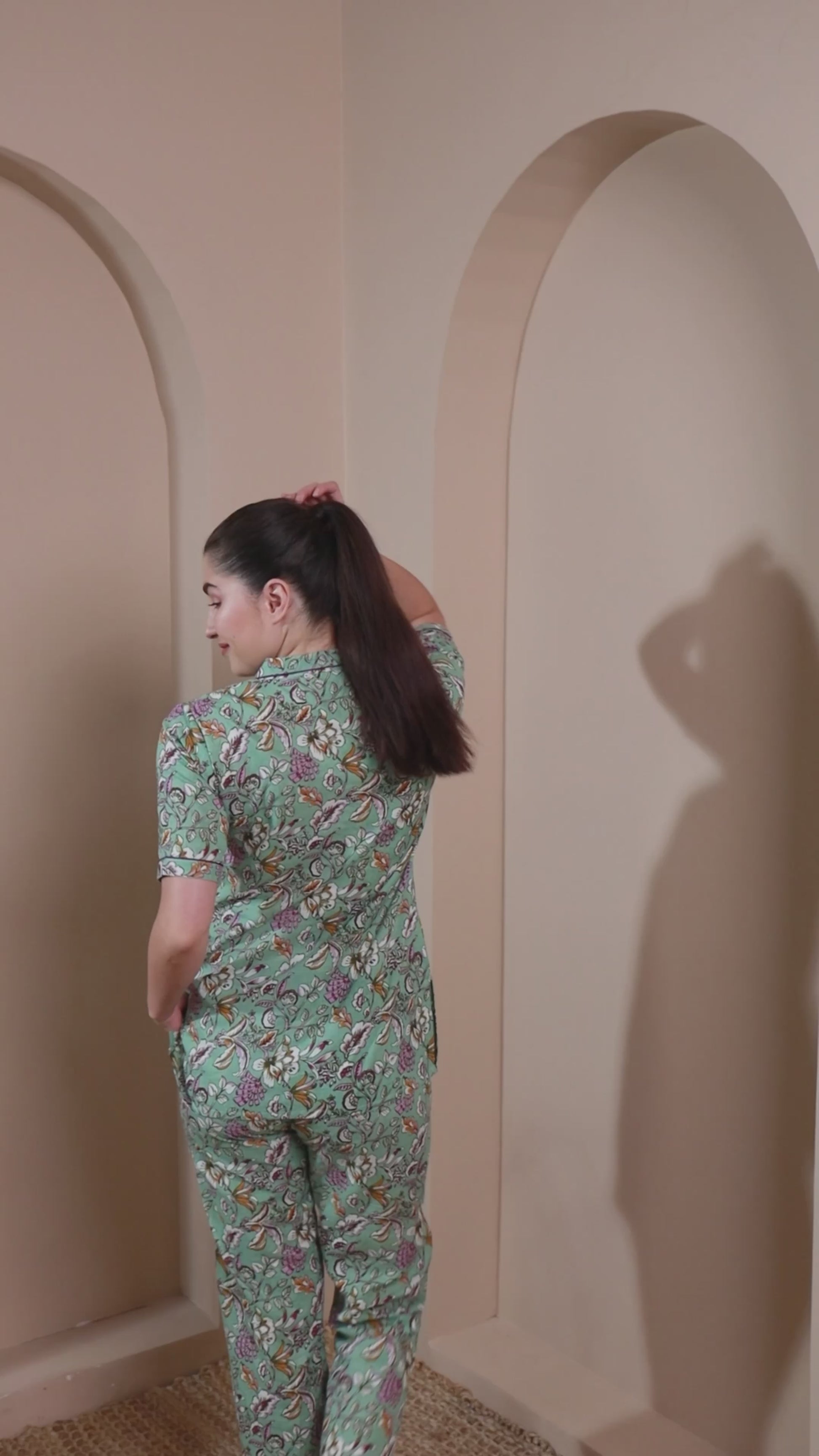 Mint Green Floral Cotton Night Suit with Notch Collar