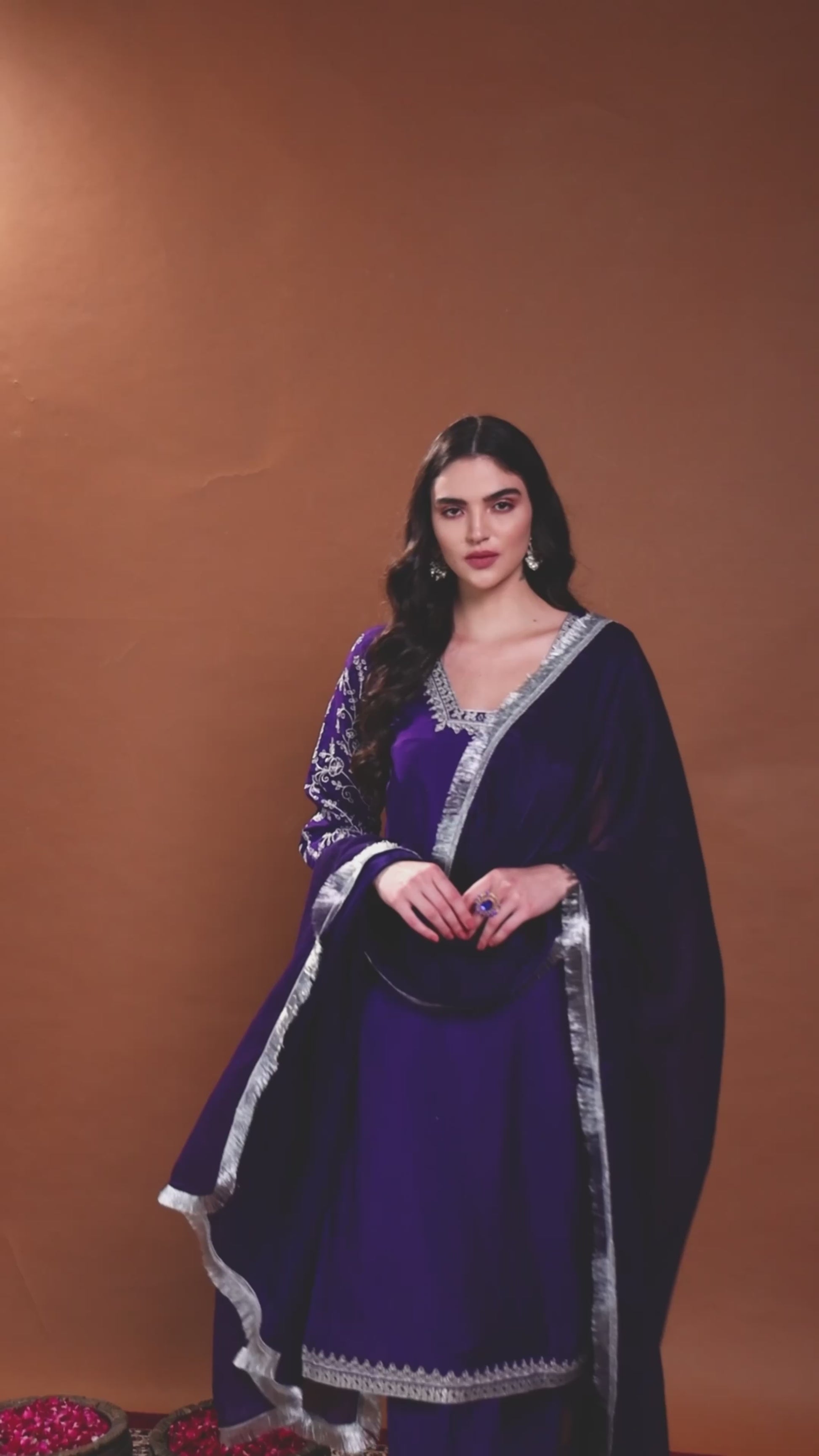 Purple Square V-Neck Zari Embroidered Kurta Set with Dupatta