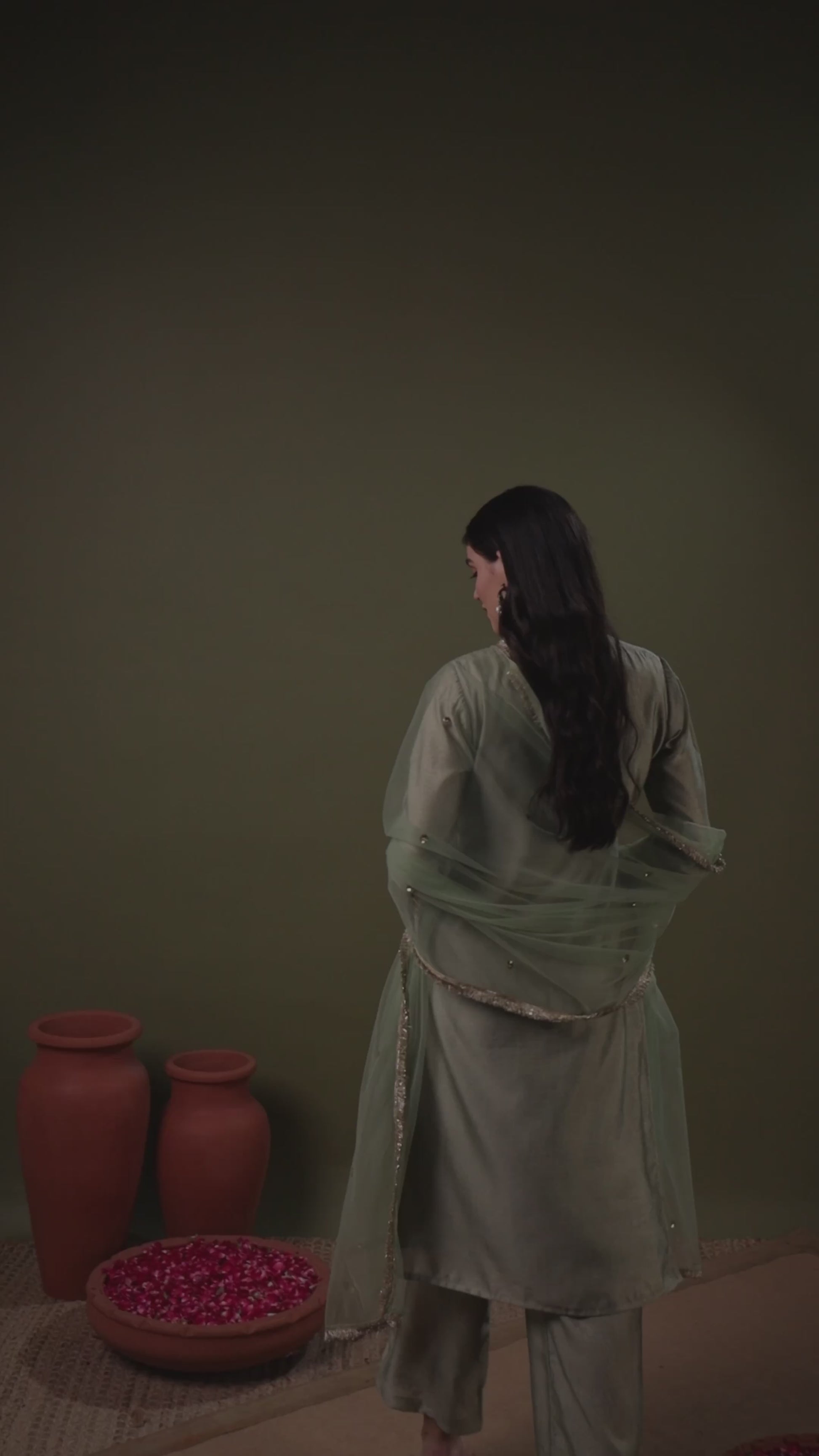 Sage Green V-neck Yoke Embroidered Straight Kurta Set with Dupatta